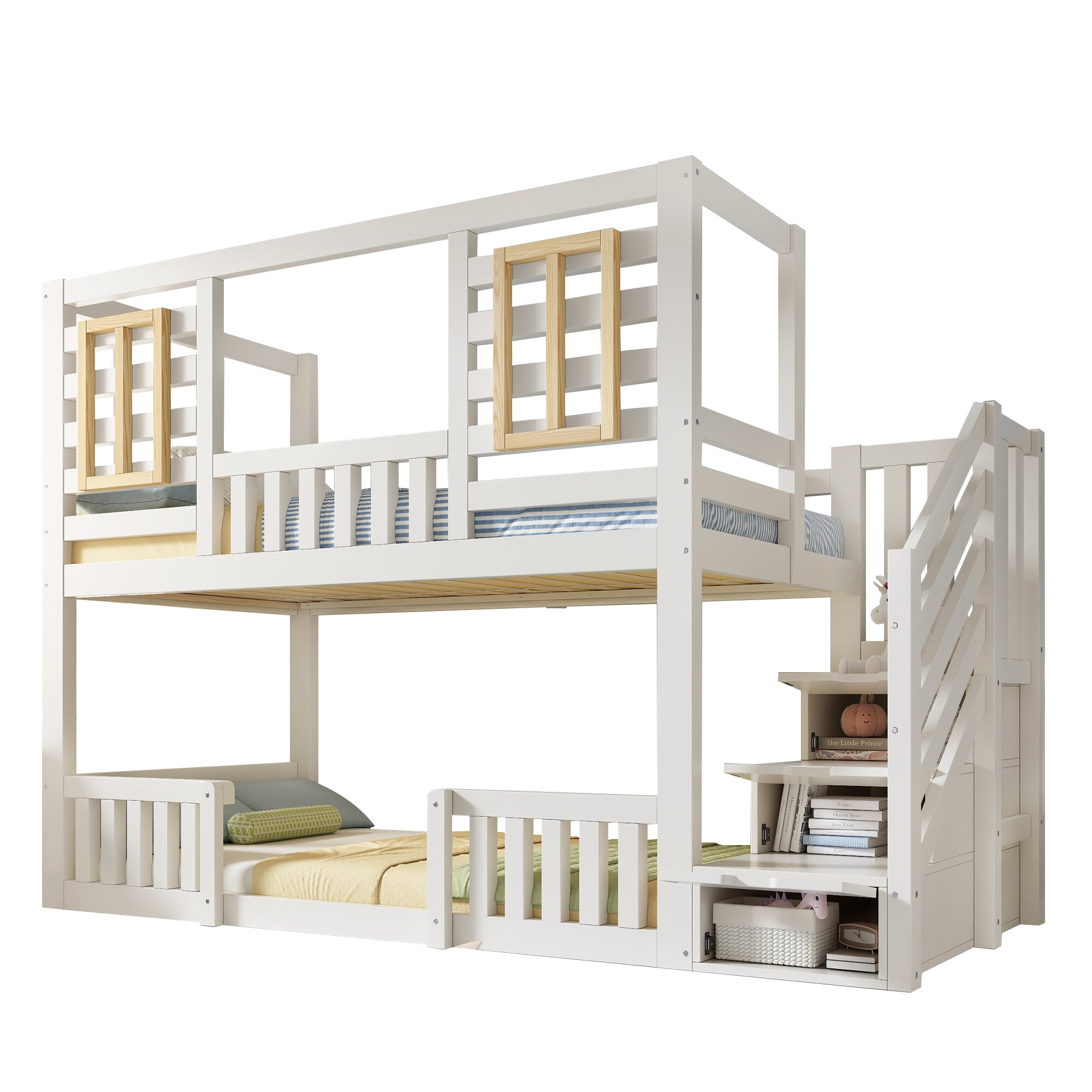 Bunk Beds for Kids, Wooden Cabin Bed with Staircase Storage, Multi-functional Tree-house Bed, Children's House Bed, Twin Sleeper (90+90) x 190 cm, Solid Wood, White
