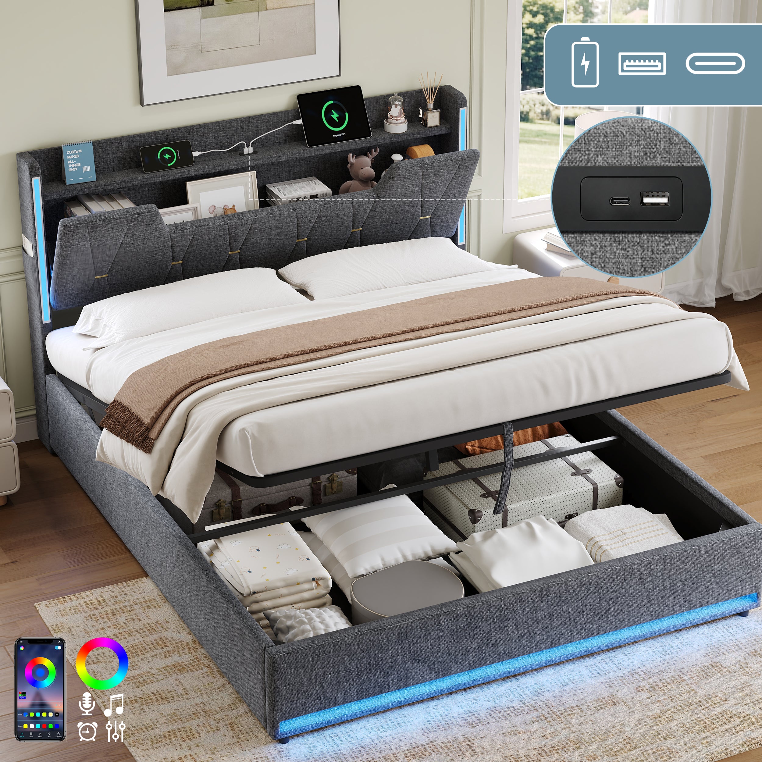 5ft King Upholstered Bed Frame with Hydraulic Storage,  LED X-Shape Headboard with Charging Station and Flip-top Headboard Storage, USB and Type - C Ports, Linen, Grey (No Mattress)