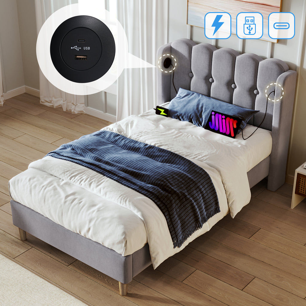 Upholstered Single Bed with USB and Type-C Charging, Bed Frame with Wooden Slatted Frame, Teenager Bed for Bedroom & Guest Room, 3ft 90 x 190 cm Bed Frame, Grey, Linen Material (No Mattress).