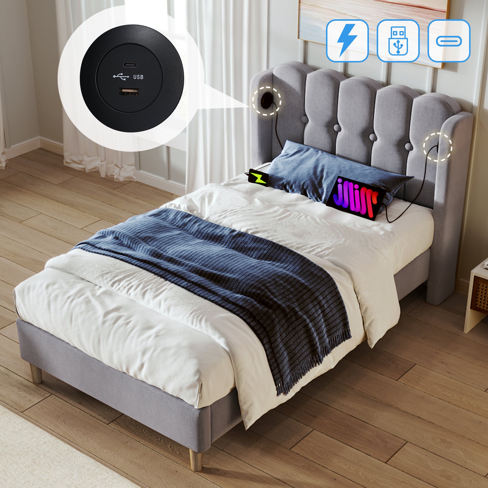 Upholstered Single Bed with USB and Type-C Charging, Bed Frame with Wooden Slatted Frame, Teenager Bed for Bedroom & Guest Room, 3ft 90 x 190 cm Bed Frame, Grey, Linen Material (No Mattress).