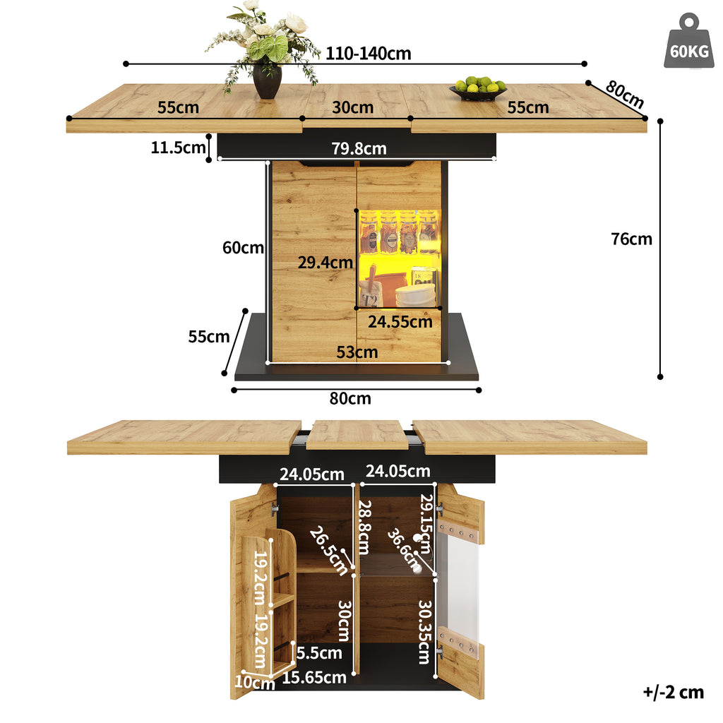 Telescopic dining table (110-140×80cm), foldable kitchen table for 4-6 people, extendable dining table, space-saving kitchen table, table with LED lighting and snack shelf, cabinet doors