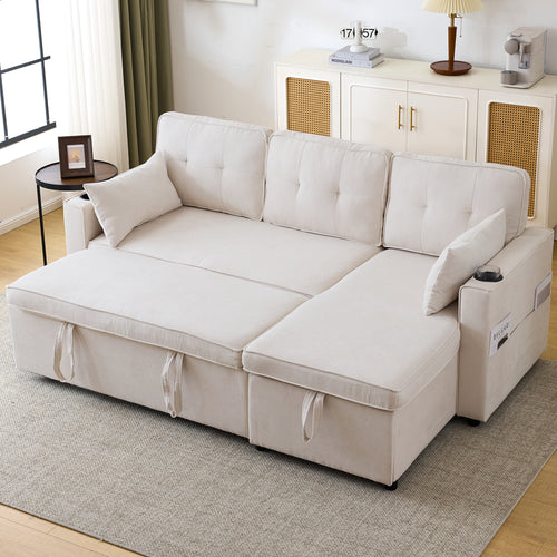 3-in-1 Convertible Sofa Bed with Internal Storage Chaise, L Shaped Sleeper Sofa Couches with Cup Holders, Pillows and Storage Pocket. Pullout Sectional Daybed for Living Room/Bedroom/Office, Beige