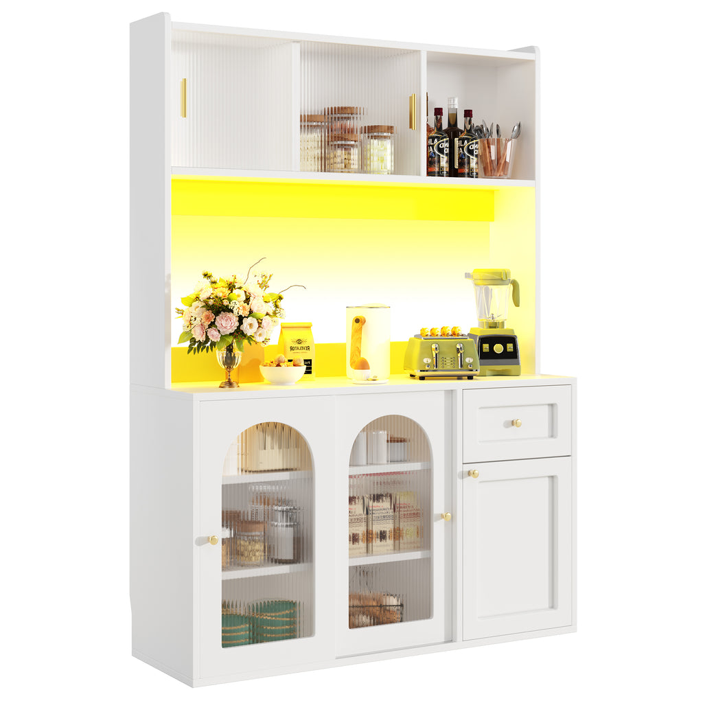 Kitchen Cabinet(120*35*167cm), Tall Cabinet, Display Cabinet, Buffet Cabinet with Adjustable Shelves, Dining Room Cabinet, Sideboard with LED Lighting, White/Black