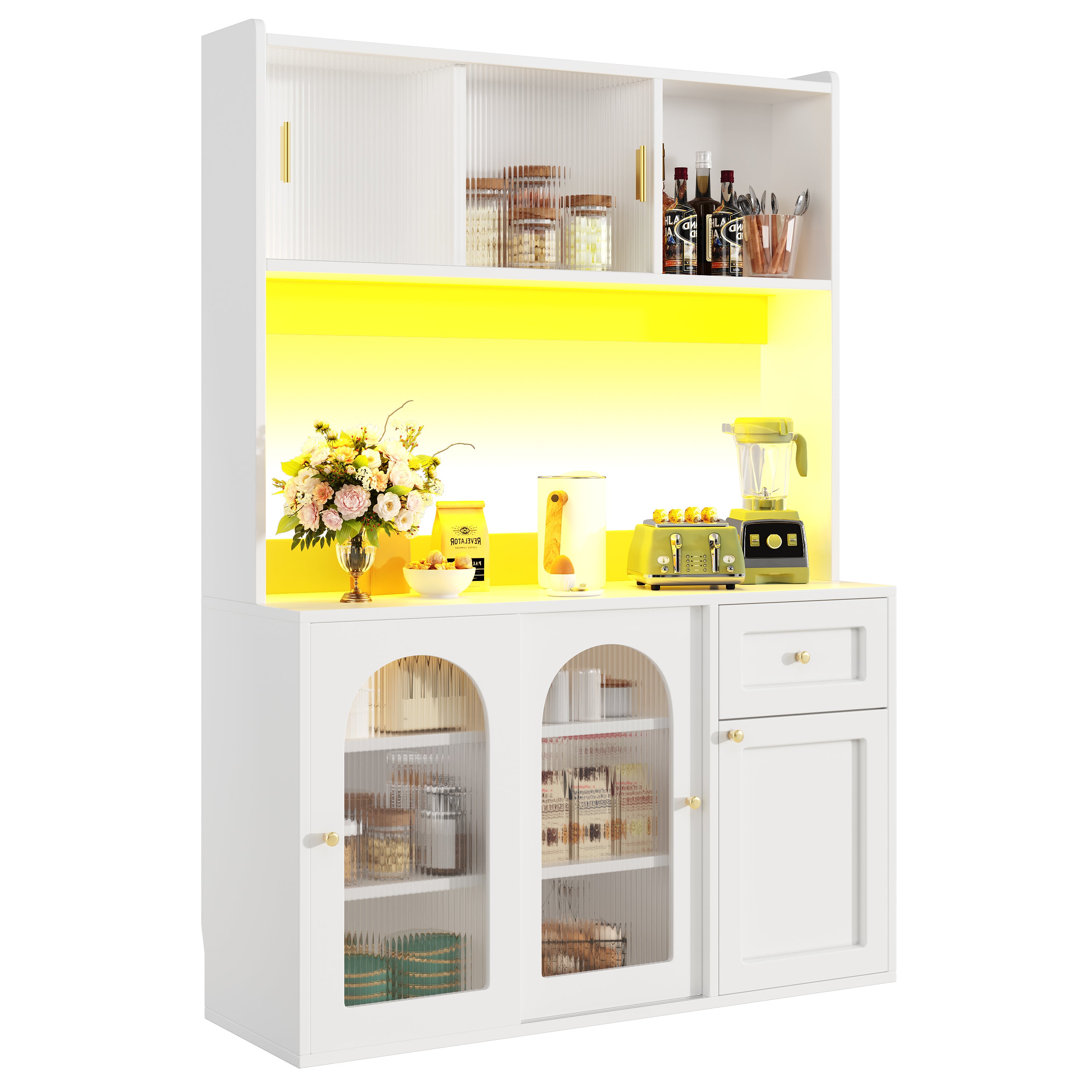 Kitchen Cabinet(120*35*167cm), Tall Cabinet, Display Cabinet, Buffet Cabinet with Adjustable Shelves, Dining Room Cabinet, Sideboard with LED Lighting, White/Black