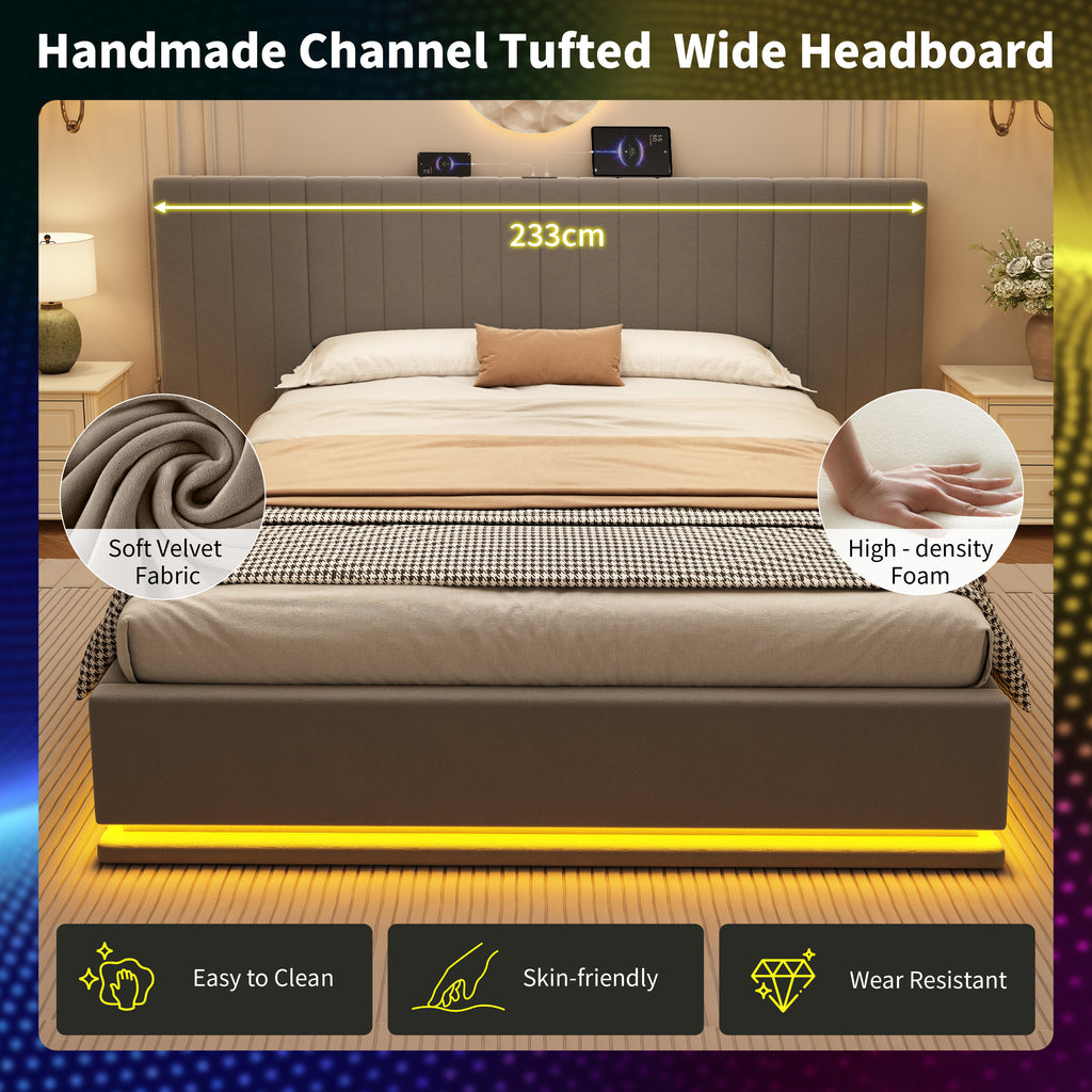 King Ottoman Bed with LED Lighting, Velvet Hydraulic Storage Bed with Charging Station, 5ft King Bed Frame Channel Tufted with Wide Headboard, USB and Type - C Ports, Grey (No Mattress)
