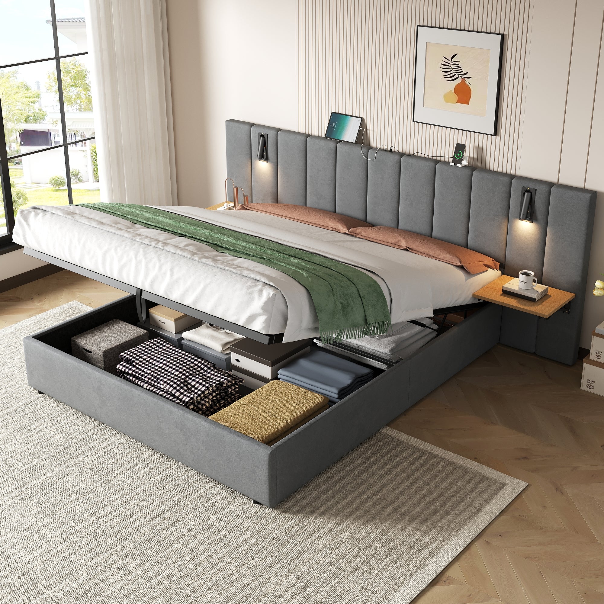 King Upholstered Bed with Charging Station, Velvet Hydraulic Storage Bed with Reading Light, 5ft King Bed Frame with Channel Tufted Headboard and Adjustable Bedside Shelf, Grey (No Mattress)