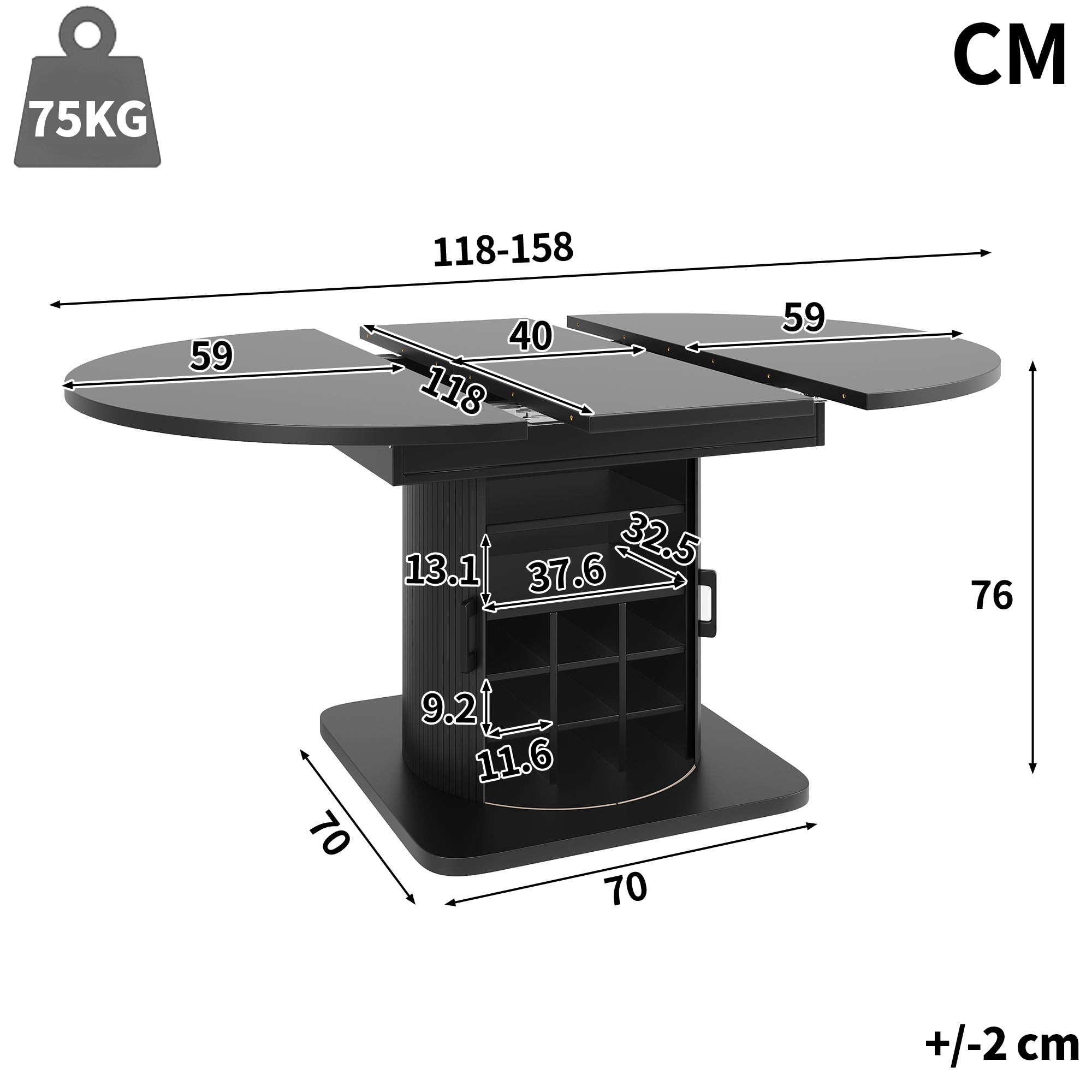 Extendable dining table with storage, multifunctional folding table with wine rack, space-saving kitchen table for small rooms and dining rooms, MDF tabletop, black