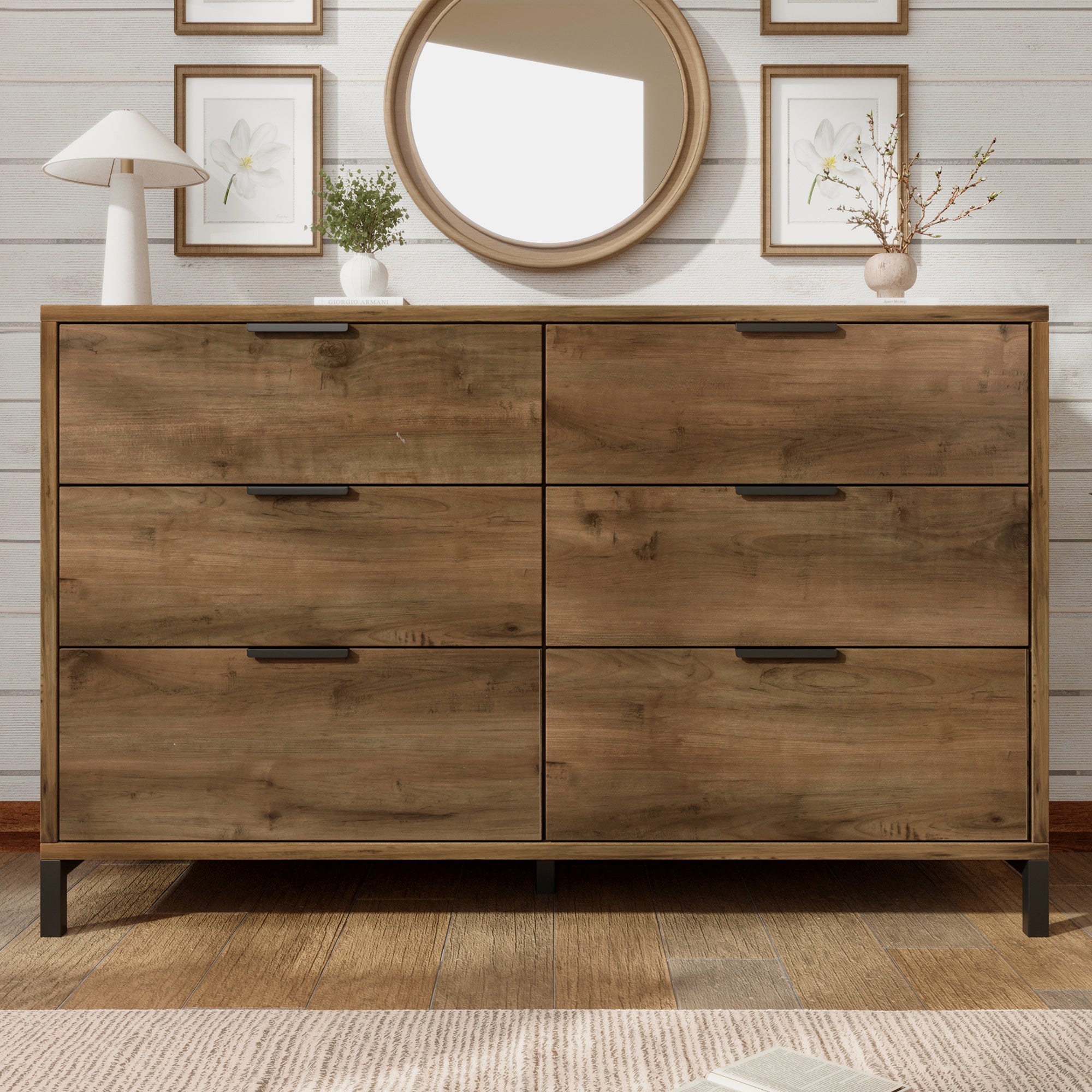  Sideboard Cabinet for Living Room, Chest of Drawers with 6 Drawers, Dark Oak, 120W x 40D x 76H cm