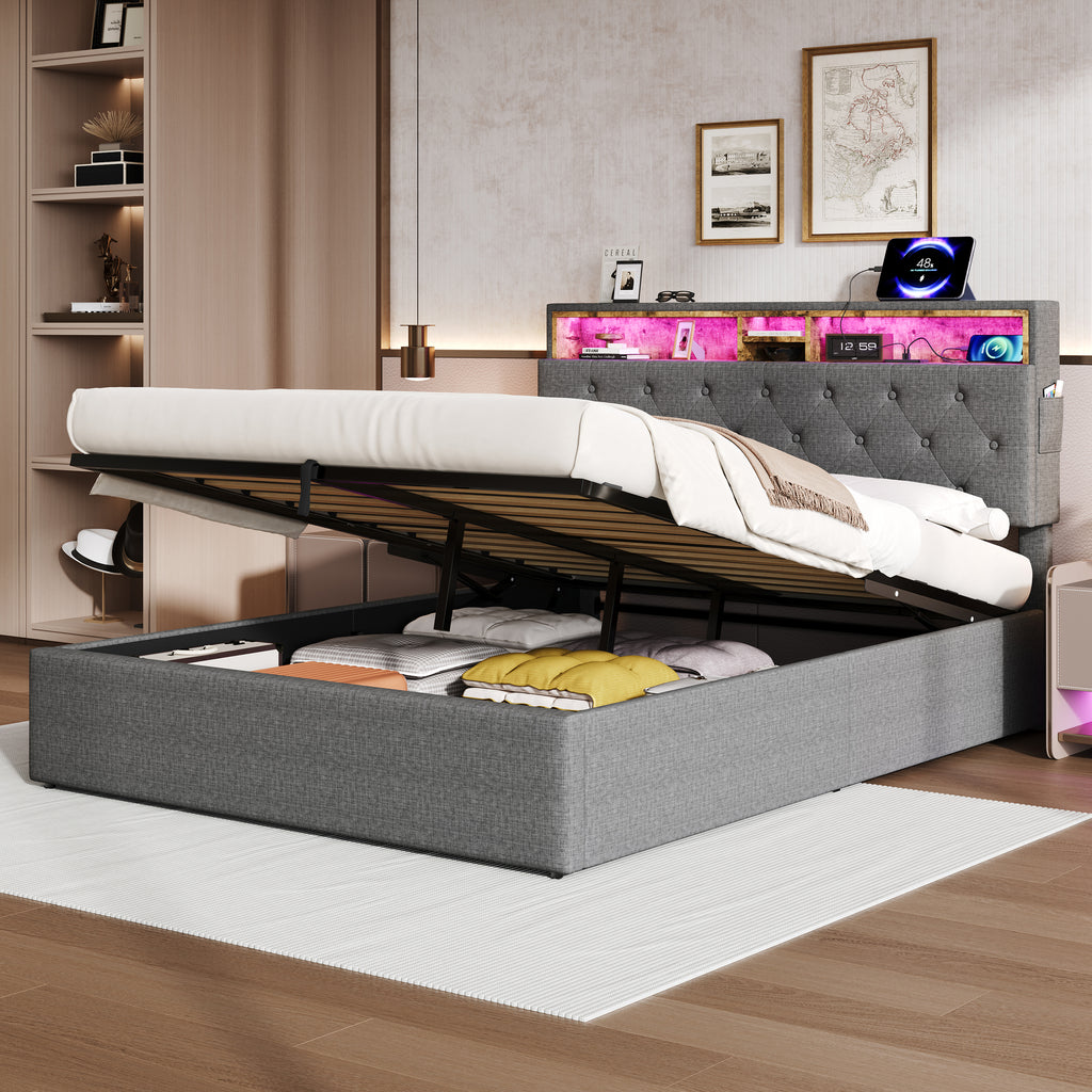 5ft King Upholstered Hydraulic Bed with Concealed Headboard Storage, Button Tufted Headboard with RGB LED Lighting and Charging Station, USB and Type - C Ports, Linen, Grey (No Mattress)