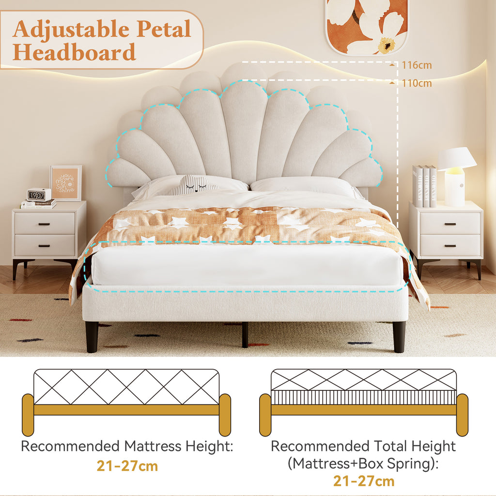 4ft6 Double Upholstered Velvet Bed Frame, with Adjustable Chic Petal Headboard, Velvet Platform Bed Frame with Solid Wood Slat, No Box Spring Needed, Easy Assembly, Beige