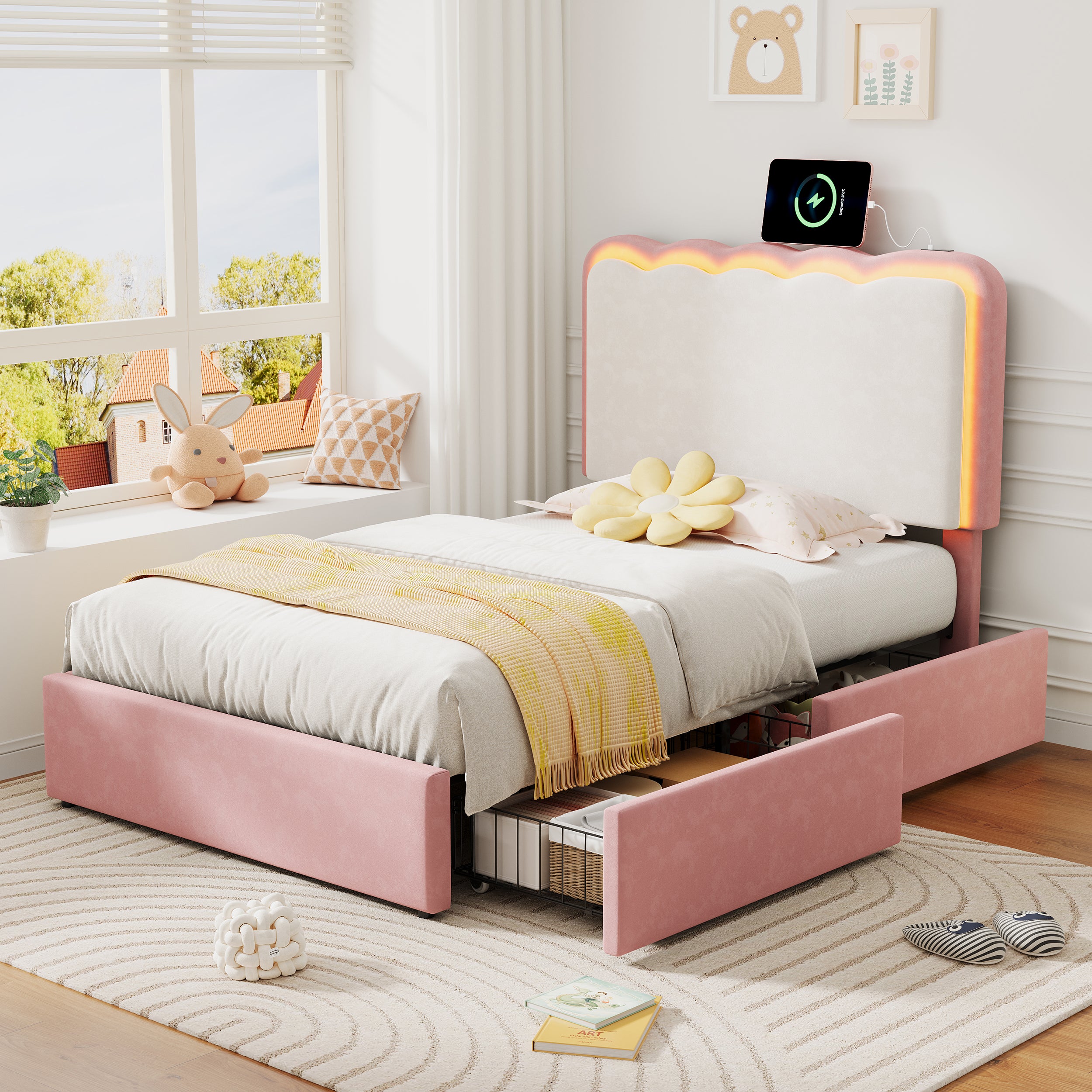 3ft Single Upholstered Bed with Adjustable LED Wavy Headboard, Soft Velvet Bed Frame with 2 Storage Drawers, Bed Frame with Solid Wood Slat, Easy Assembly, Pink+Cream White (No Mattress)