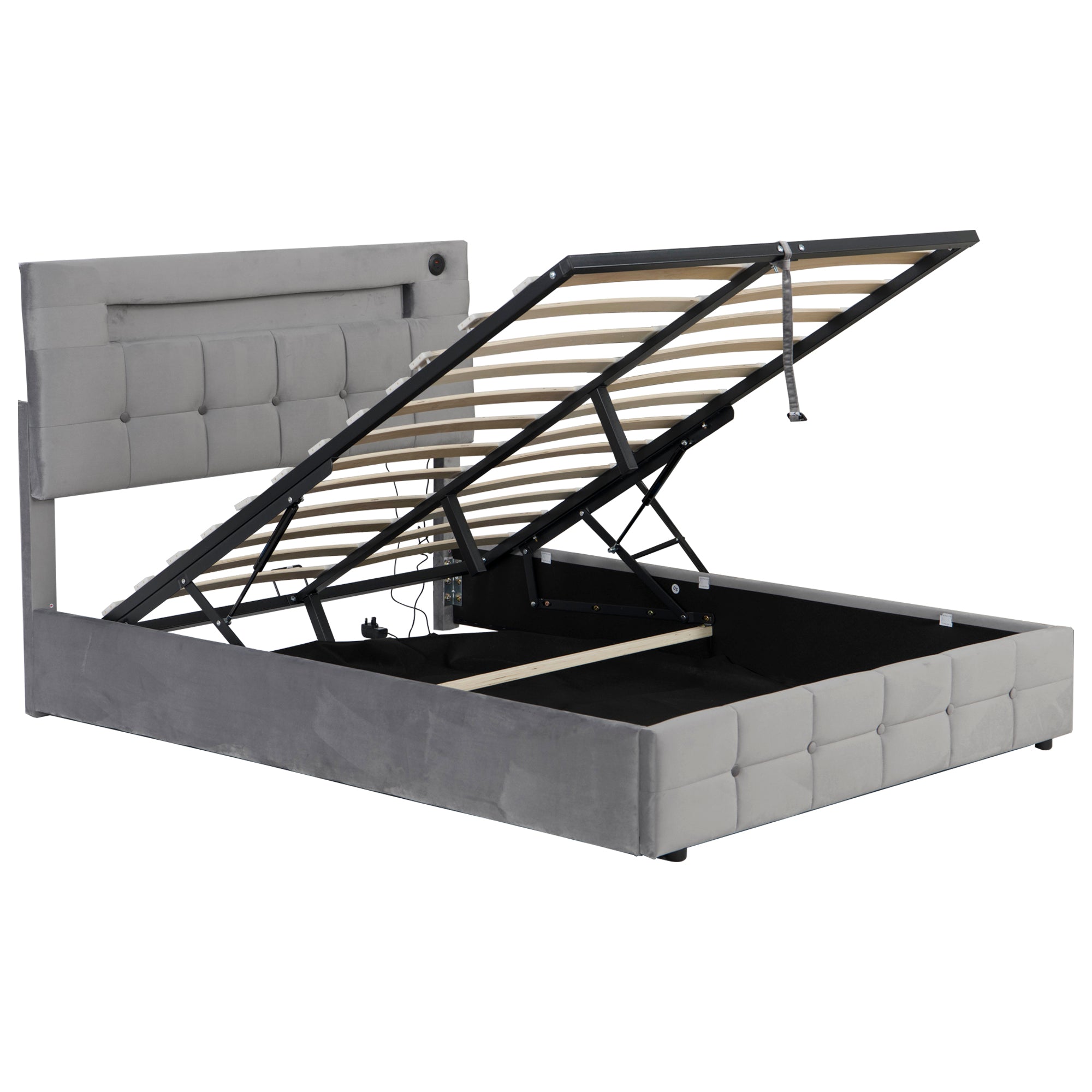 4ft6 Double Upholstered Bed Frame with Hydraulic Storage, Velvet Ottoman Bed with LED Lighting and Charging Station,  Double Bed with Adjustable Button Tufted Headboard, No Box Spring Needed, Grey