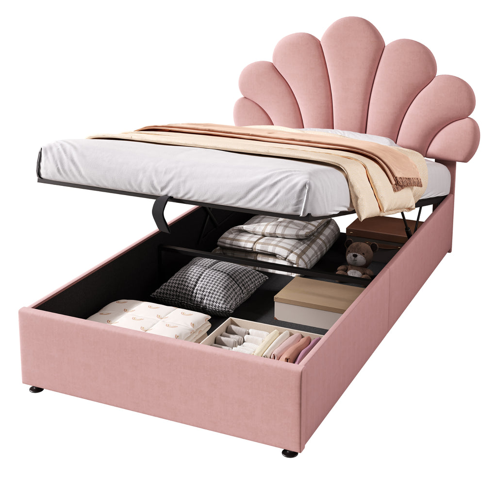 3ft Single Upholstered Hydraulic Bed with Adjustable Chic Petal Headboard, Soft Velvet Bed Frame with Hydraulic Storage, Petal Bed with Solid Wood Slat, No Box Spring Needed, Pink (No Mattress)