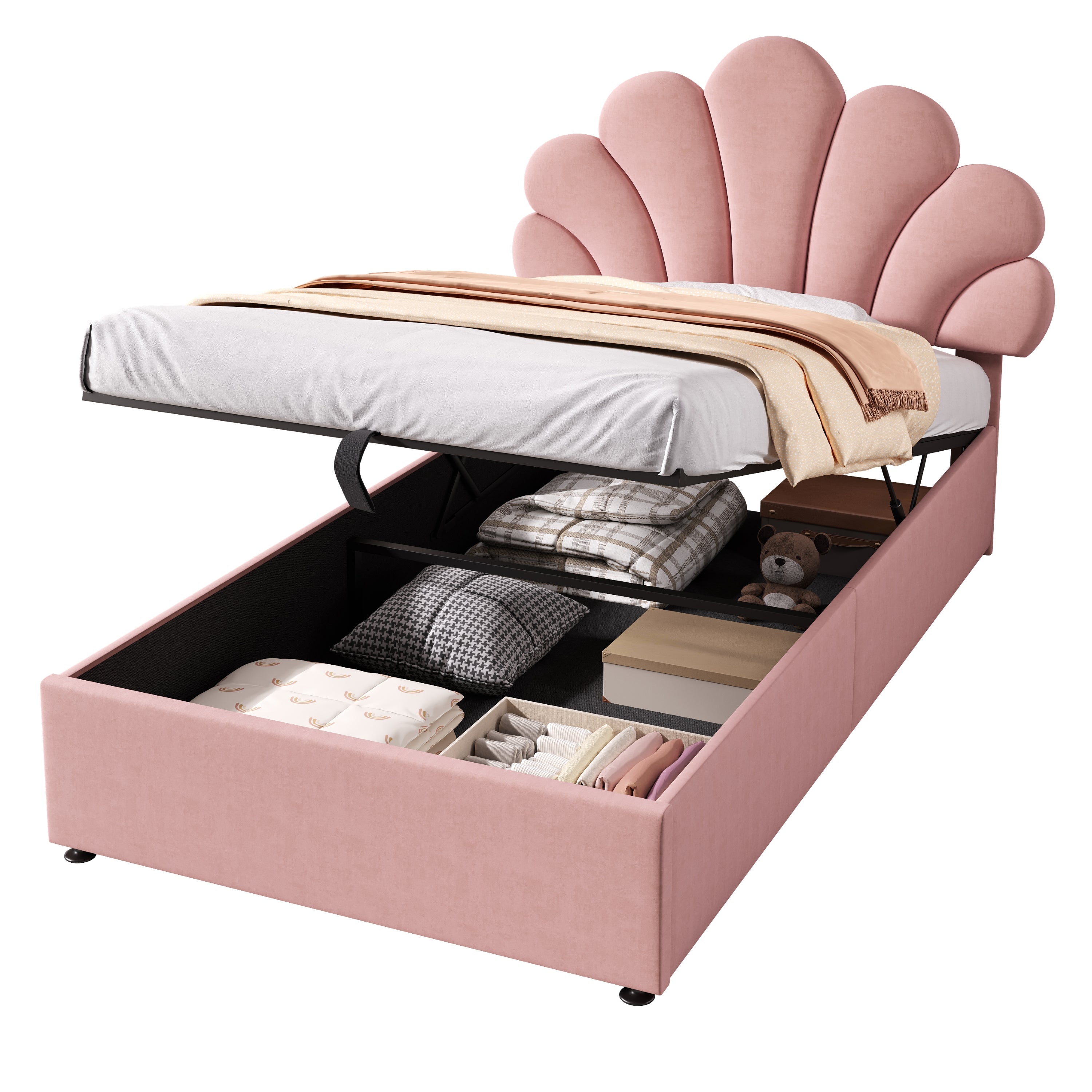 3ft Single Upholstered Hydraulic Bed with Adjustable Chic Petal Headboard, Soft Velvet Bed Frame with Hydraulic Storage, Petal Bed with Solid Wood Slat, No Box Spring Needed, Pink (No Mattress)