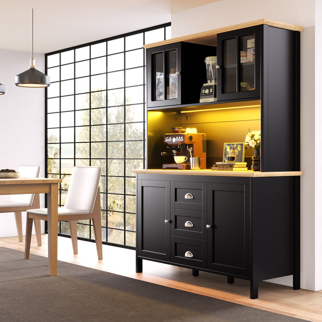 Sideboard, Storage Cabinet, Kitchen Cabinet, Tall Sideboard with LED Lighting, 120x40x179 cm, 4 Doors & 3 Drawers, White/Black