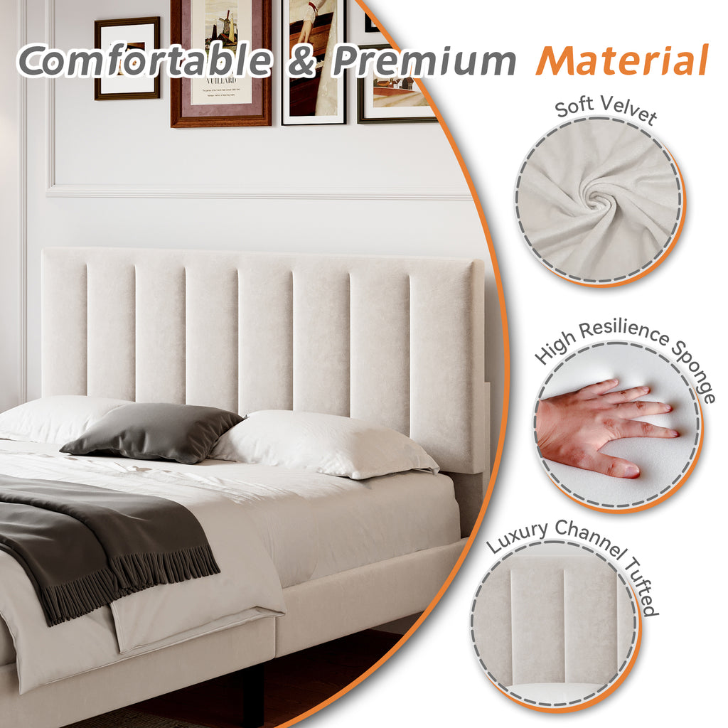 4ft6 Double Upholstered Velvet Bed Frame, with Adjustable Channel Tufted Headboard, Velvet Platform Bed Frame with Solid Wood Slat and Mute Foam, No Box Spring Needed, Easy Assembly, Beige