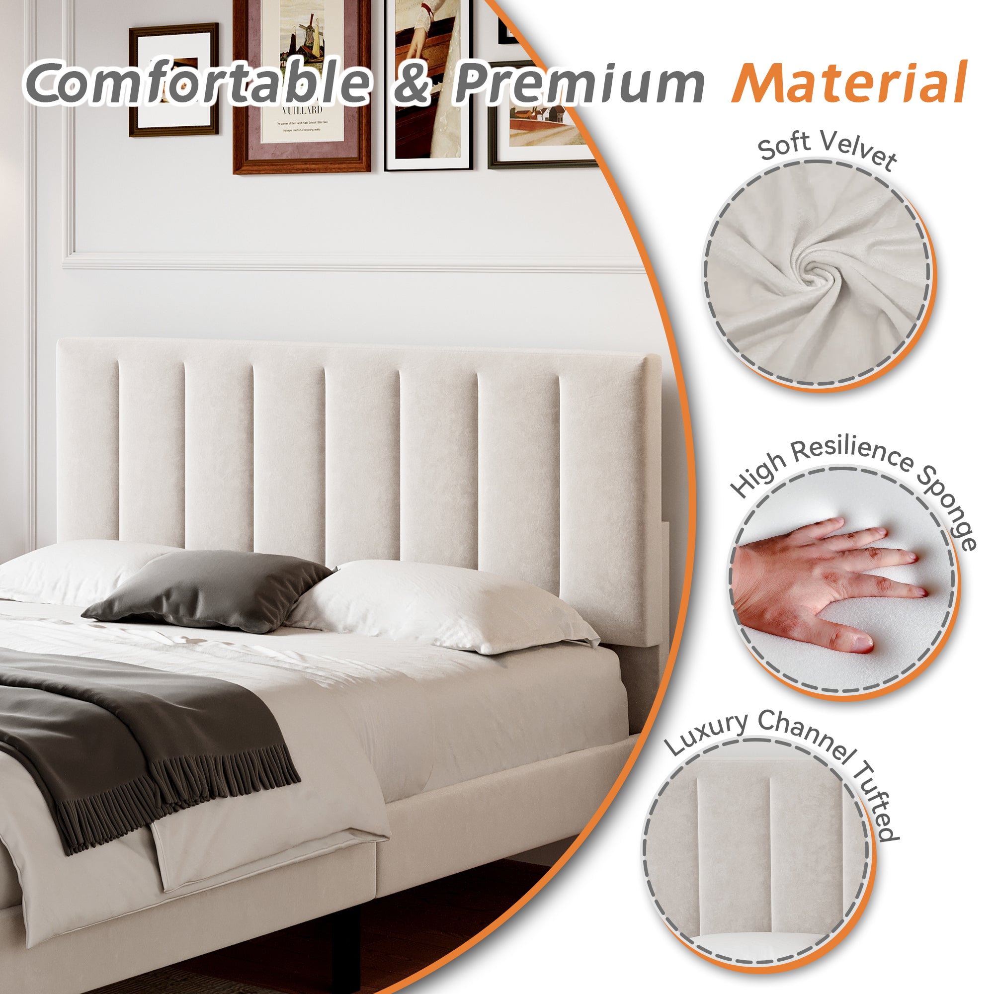 4ft6 Double Upholstered Velvet Bed Frame, with Adjustable Channel Tufted Headboard, Velvet Platform Bed Frame with Solid Wood Slat and Mute Foam, No Box Spring Needed, Easy Assembly, Beige