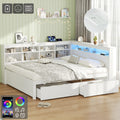 4ft6 Double Daybed with Two Storage Drawers and Beside Storage, LED Modern Bed frame with Charging Station, Wood Bed for Living Room/ Bedroom/ Study Room, 135X190cm, Easy Assembly, White (No Mattress)