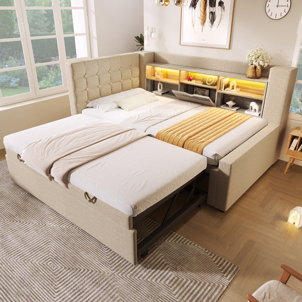 Daybed Upholstered Bed 90 x 190 cm, 3FT Single Sofa Bed with Storage, USB &Type C Charging Station, Pull out Trundle for Living Room and Bedroom, Linen, Beige (No Mattress)