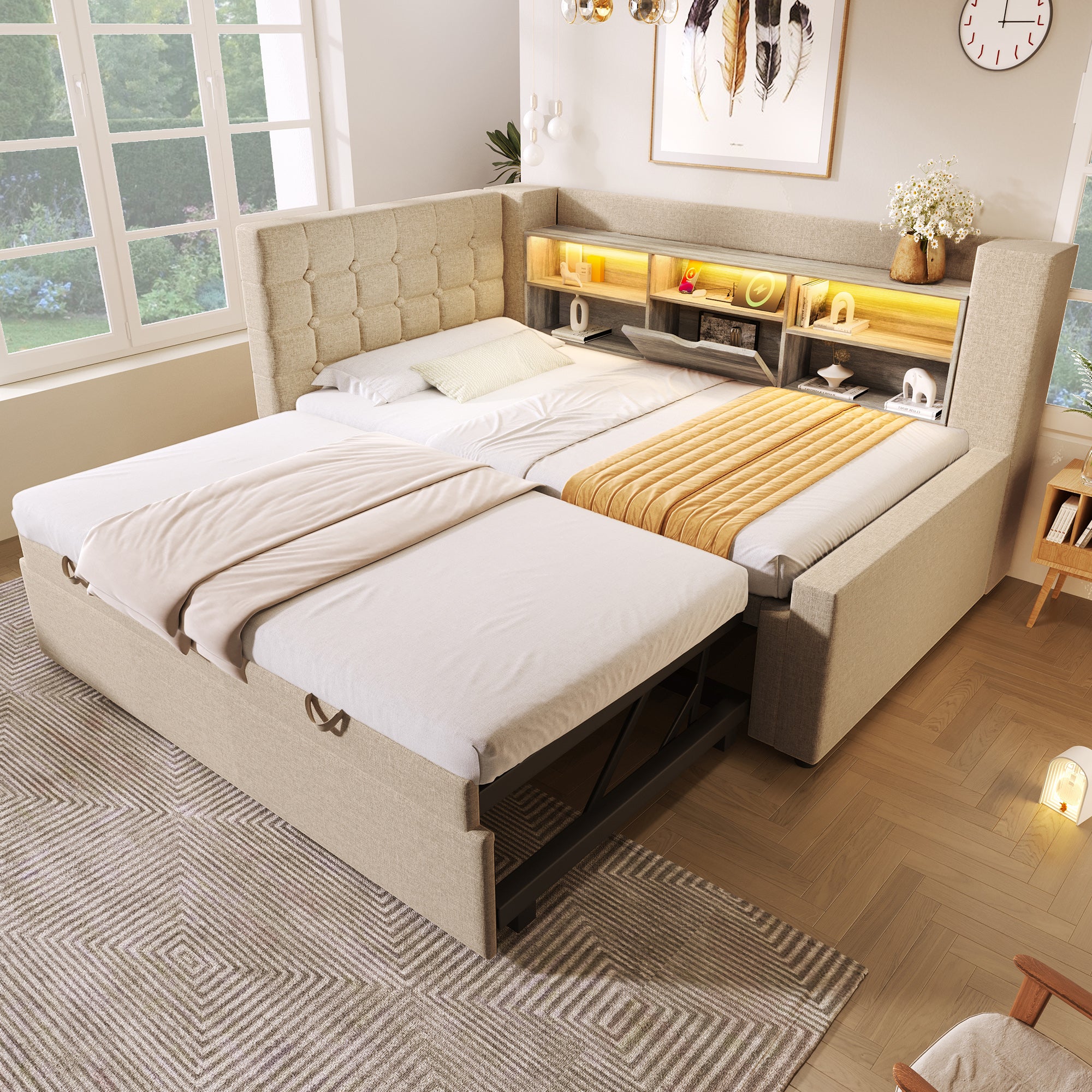 Daybed Upholstered Bed 90 x 190 cm, 3FT Single Sofa Bed with Storage, USB &Type C Charging Station, Pull out Trundle for Living Room and Bedroom, Linen, Beige (No Mattress)