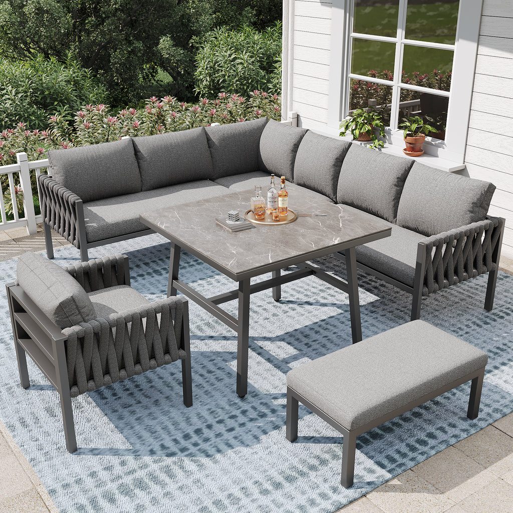 Garden furniture set, rope-weave outdoor sofa set with galvanized steel frame, adjustable legs, L-shaped sofa, tempered glass table top, includes all seat and back cushions, grey