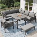 Garden furniture set, rope-weave outdoor sofa set with galvanized steel frame, adjustable legs, L-shaped sofa, tempered glass table top, includes all seat and back cushions, grey