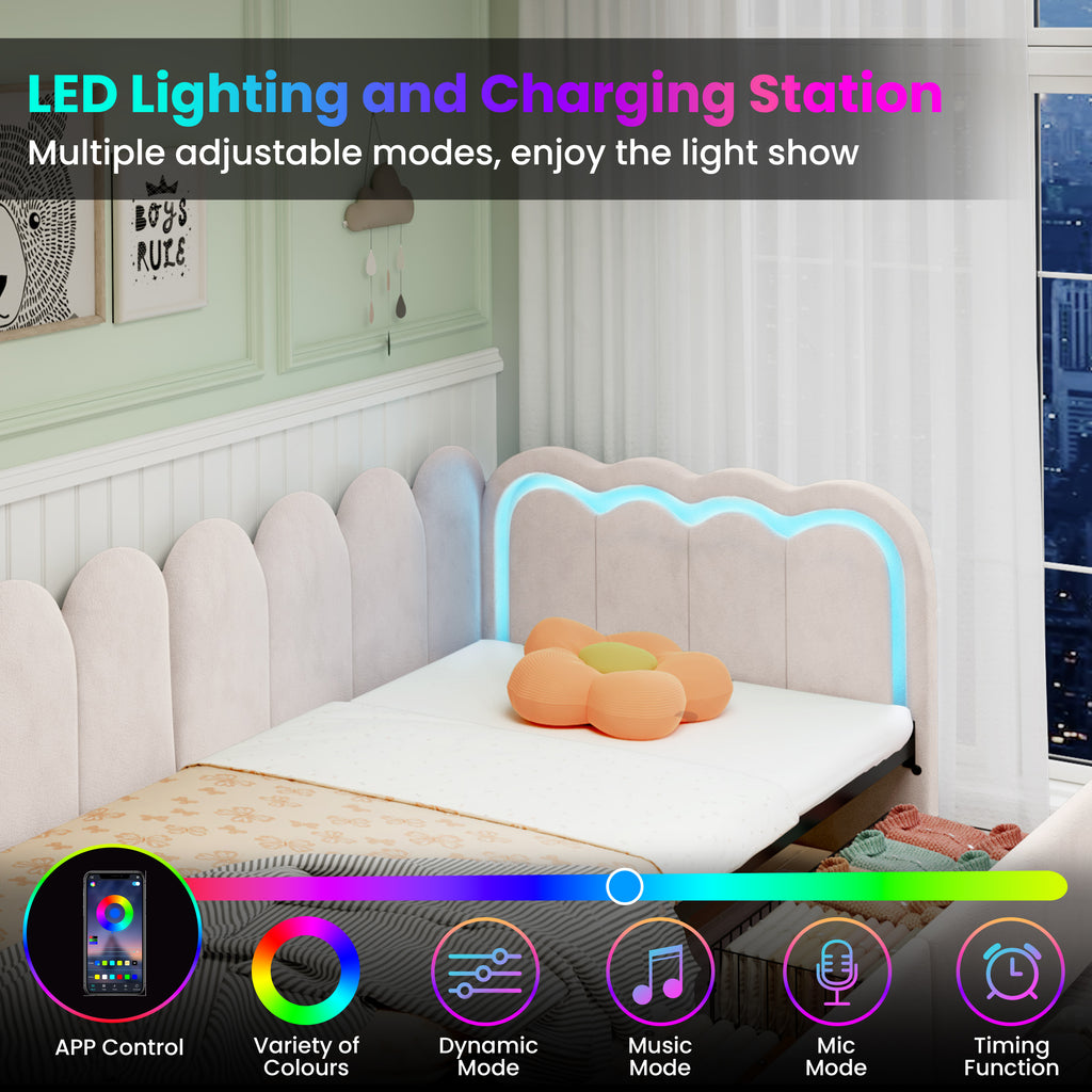 3ft Single Daybed with Smart RGB LED Lights and 2 Storage Drawers, Modern Velvet Youth Bed with Scalloped Backrest and Wooden Slats, Reversible Side Panel, Easy Assembly, Beige (No Mattress)