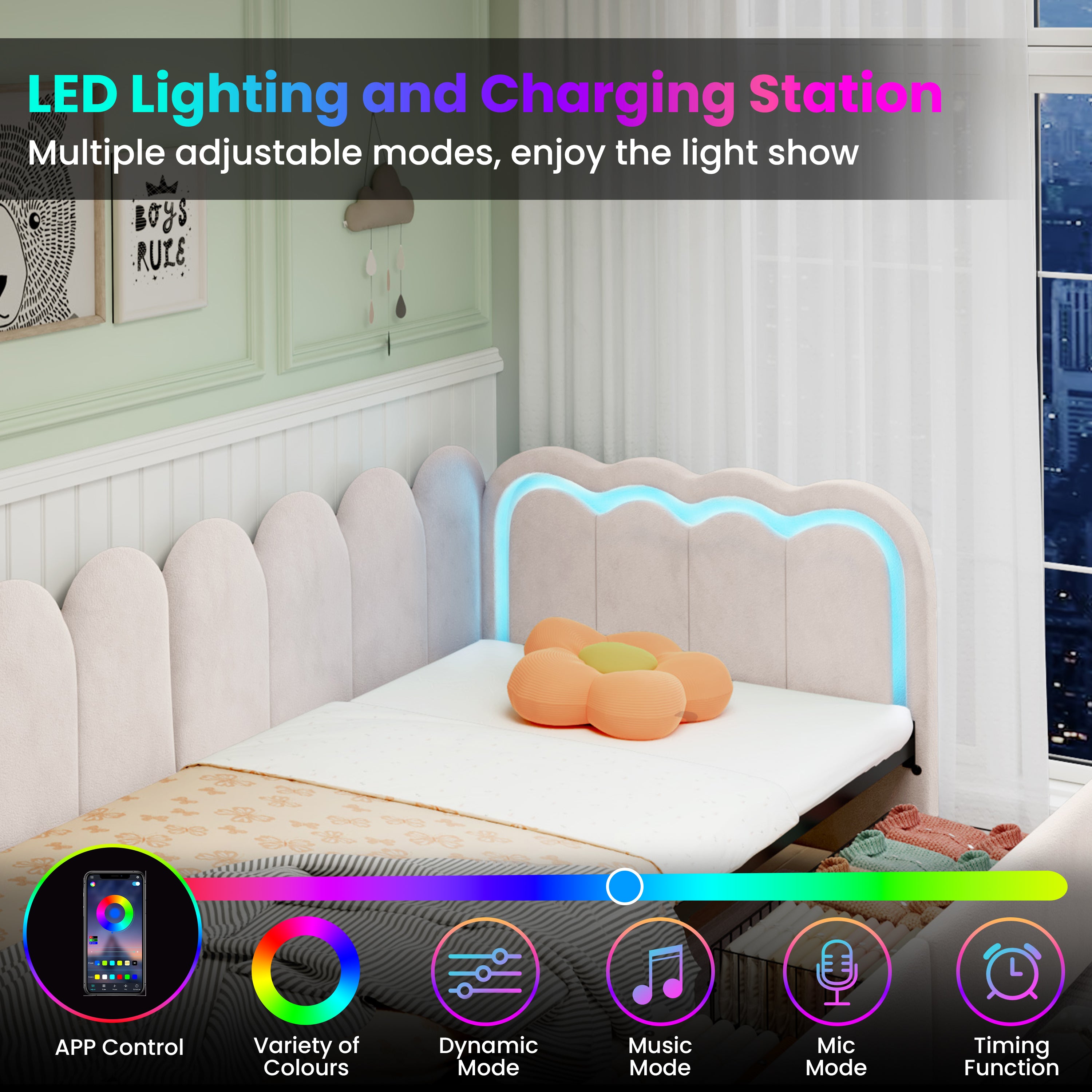 3ft Single Daybed with Smart RGB LED Lights and 2 Storage Drawers, Modern Velvet Youth Bed with Scalloped Backrest and Wooden Slats, Reversible Side Panel, Easy Assembly, Beige (No Mattress)