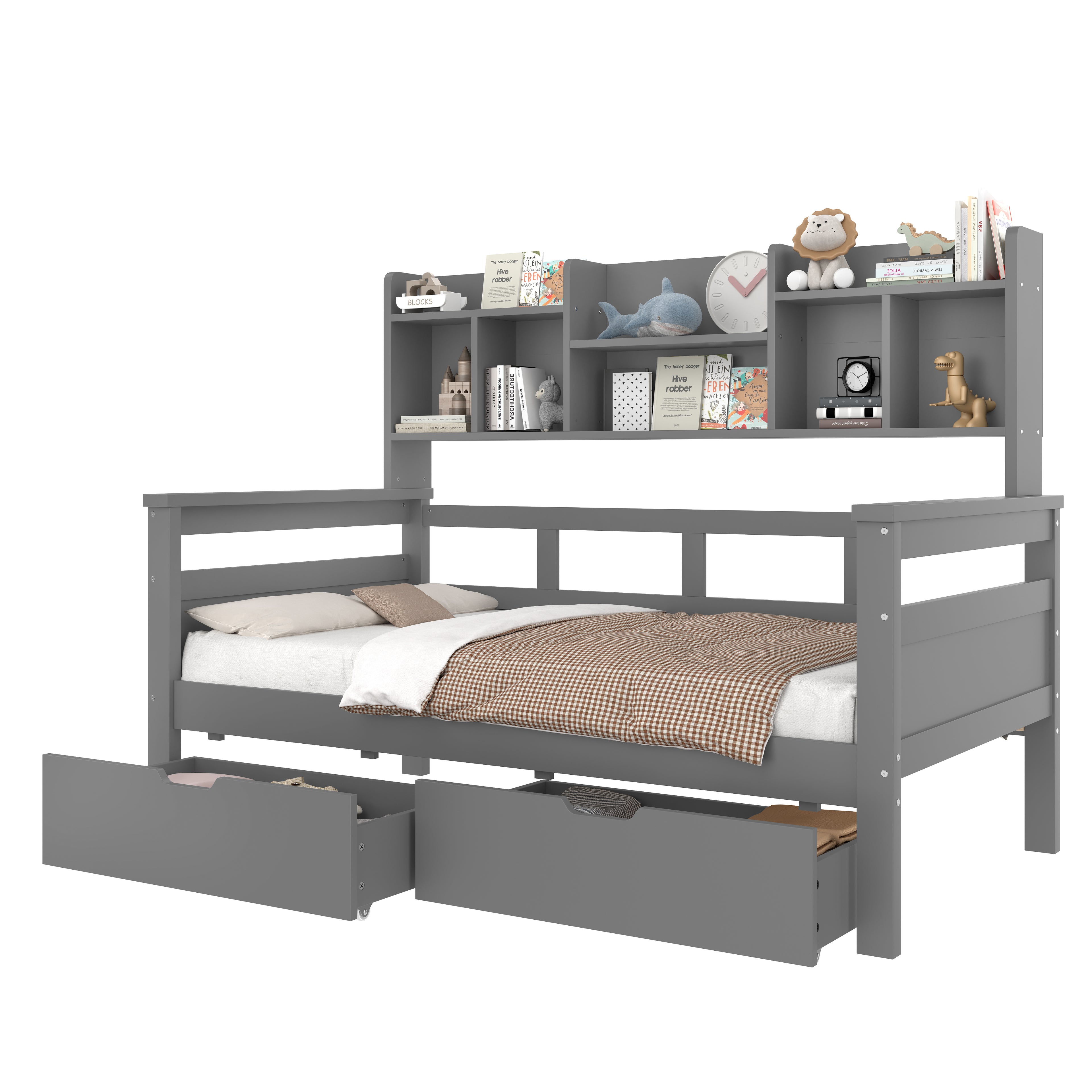 3ft Single Beds for Kids with Two Storage Drawers and Bookcase headboard, Wooden Bed Frame with Storage and Guardrail, Space-Saving Design for Bedroom, Dorm and Study Room, Grey (No Mattress)