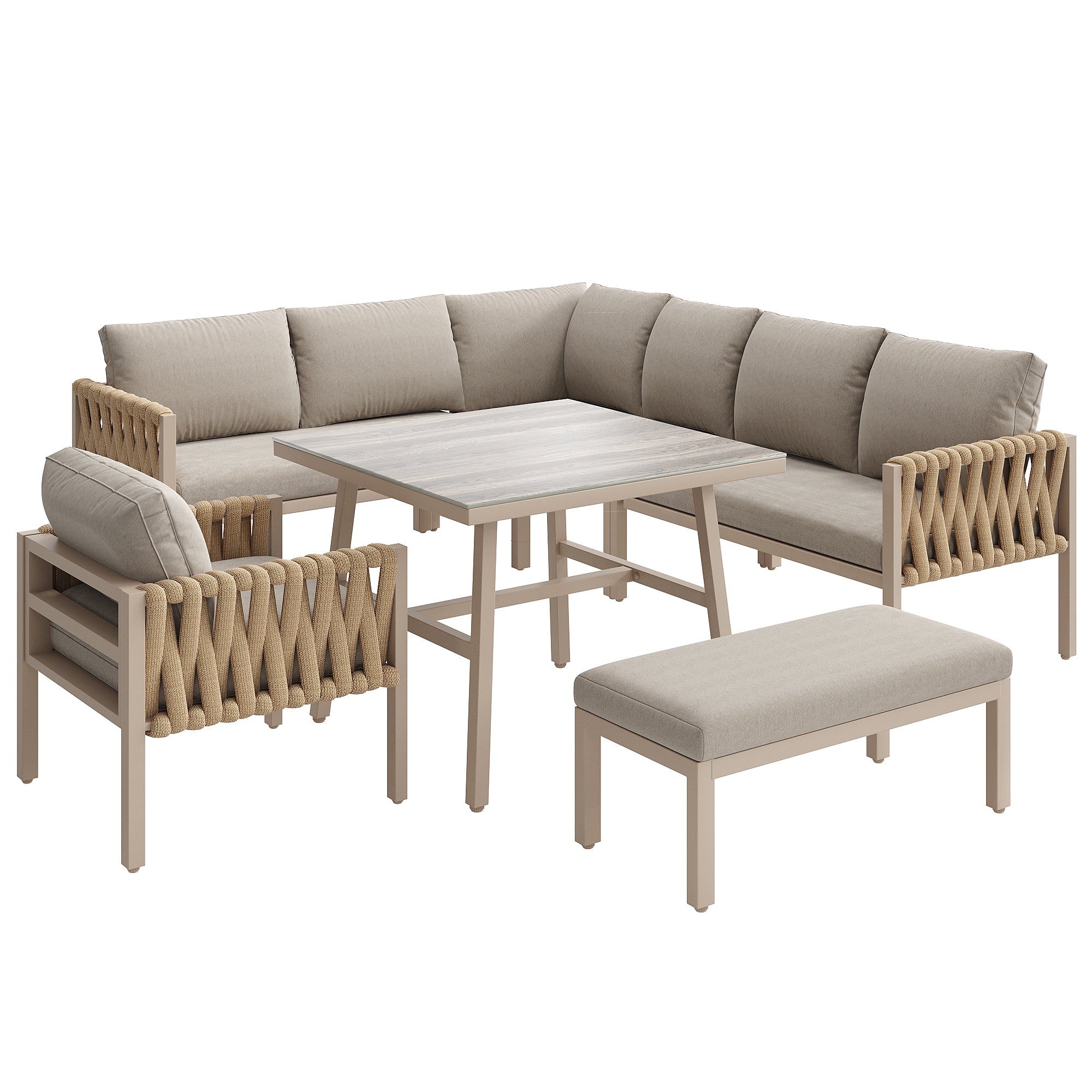 Garden furniture set, rope-weave outdoor sofa set with galvanized steel frame, adjustable legs, L-shaped sofa, tempered glass table top, includes all seat and back cushions, beige