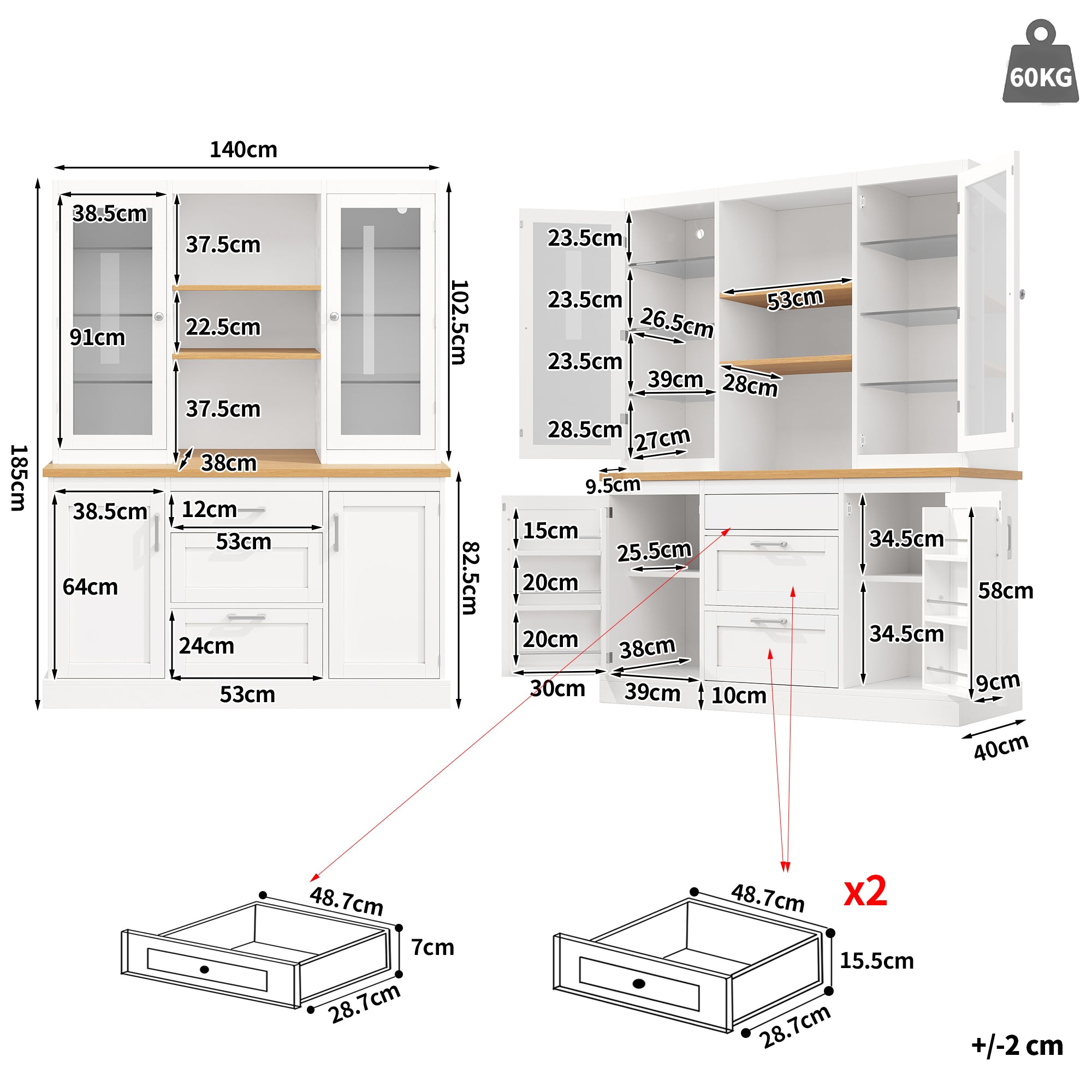 Kitchen Pantry Cabinet with App-Controlled LED Lights, 185cm Tall Storage Cabinet with Glass Doors, Drawers & Worktop, White