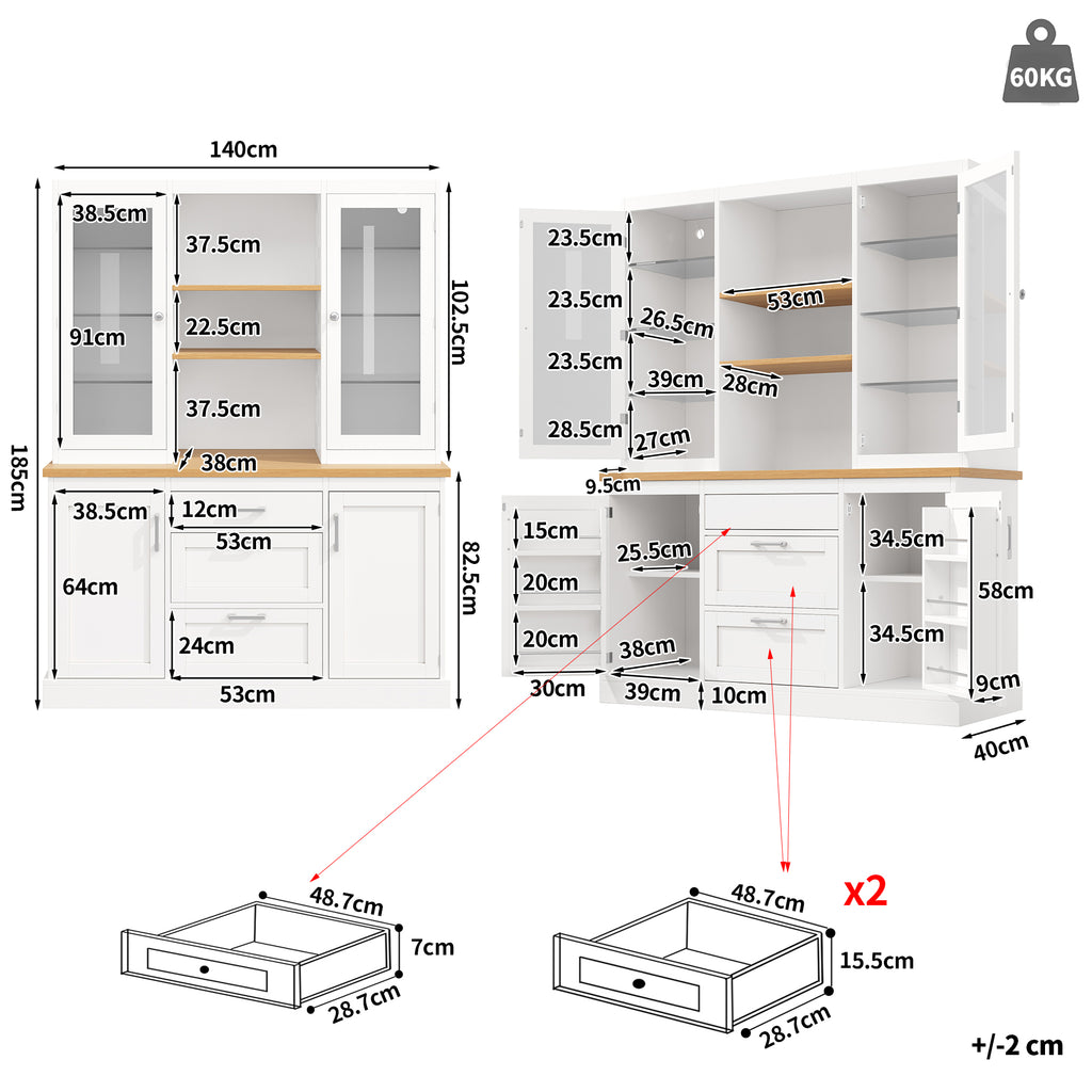 Kitchen Pantry Cabinet with App-Controlled LED Lights, 185cm Tall Storage Cabinet with Glass Doors, Drawers & Worktop, White