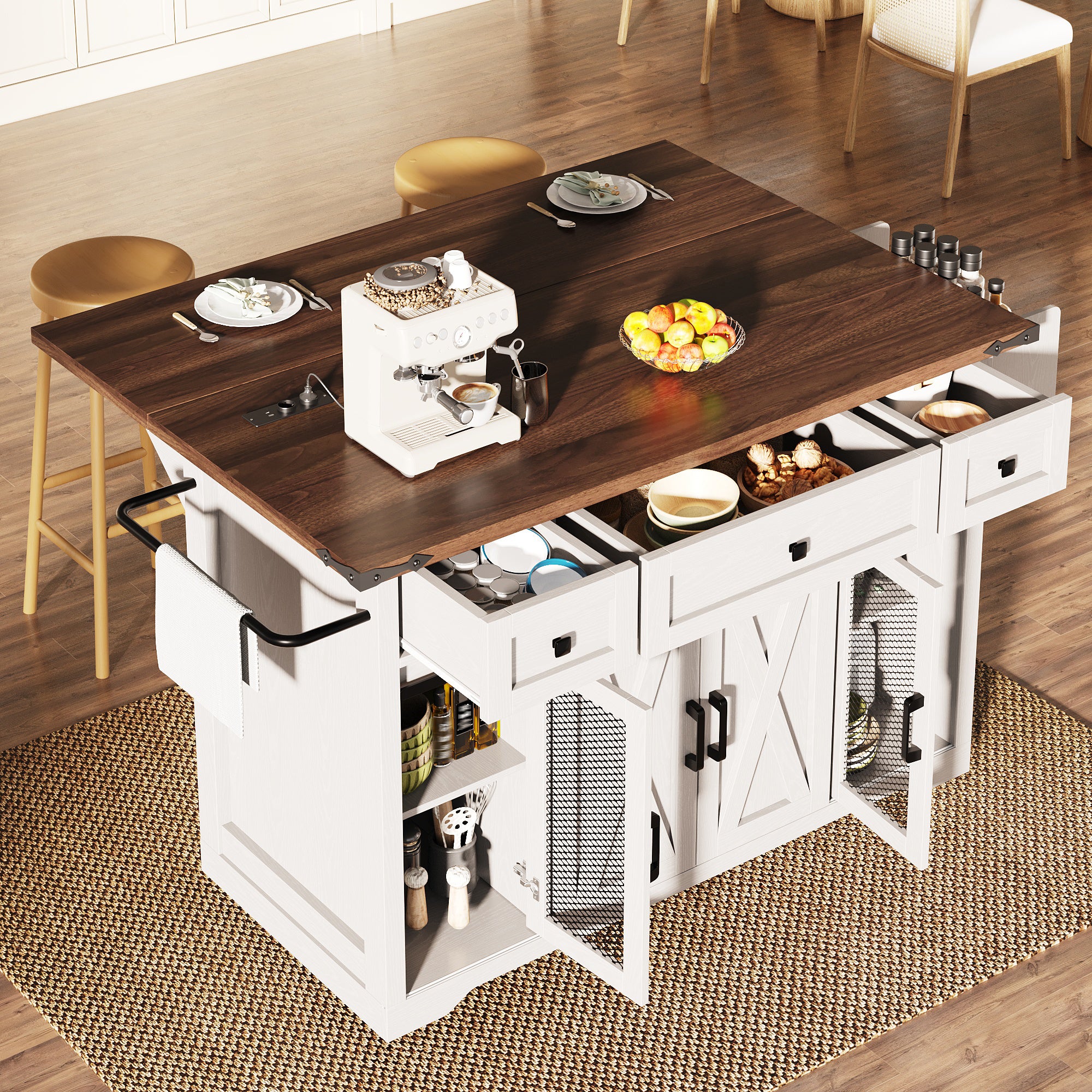 Kitchen island trolley with extendable worktop and power connection, 91cm working height, white/black, load capacity up to 75kg
