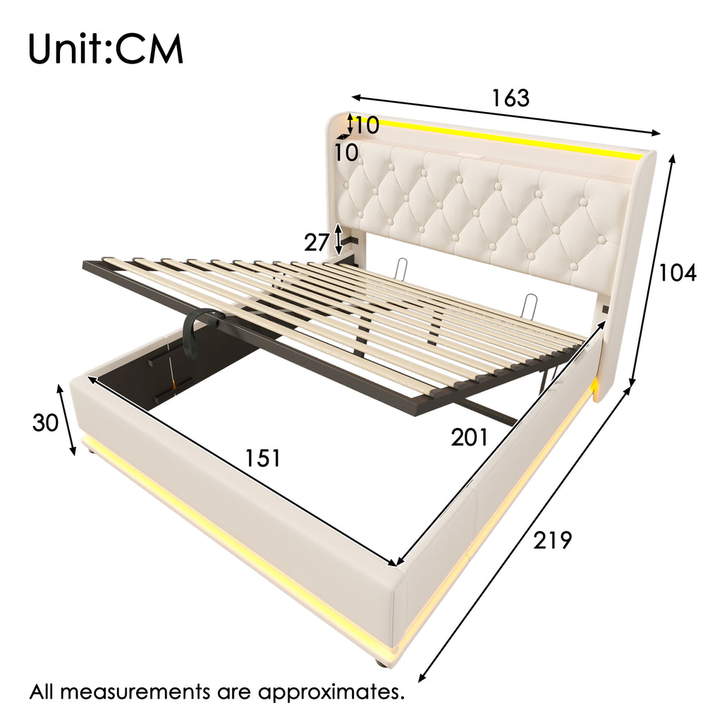Upholstered King Ottoman Bed with 360 Surround Led Function,Hydraulic Storage Bed Frame with Large Storage Space, 5ft King size Bed Frame with Charging Function,150x200 ,PU, White (No Mattress)