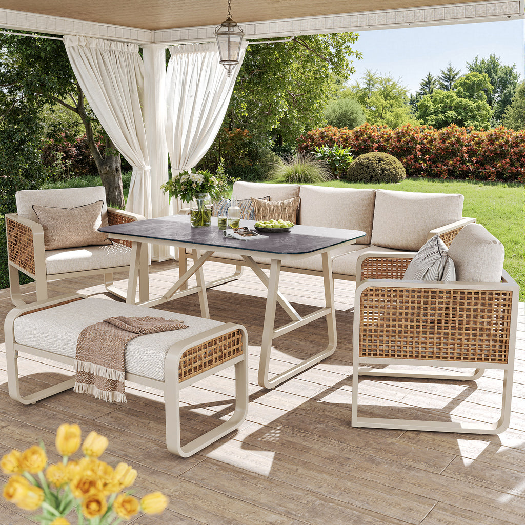 Garden Lounge Set for 6-7 People, PE Rattan Seating Group incl. Side Table, Garden Sofa with Washable Cushions, Adjustable Feet for Terrace, Balcony, Garden, Beige