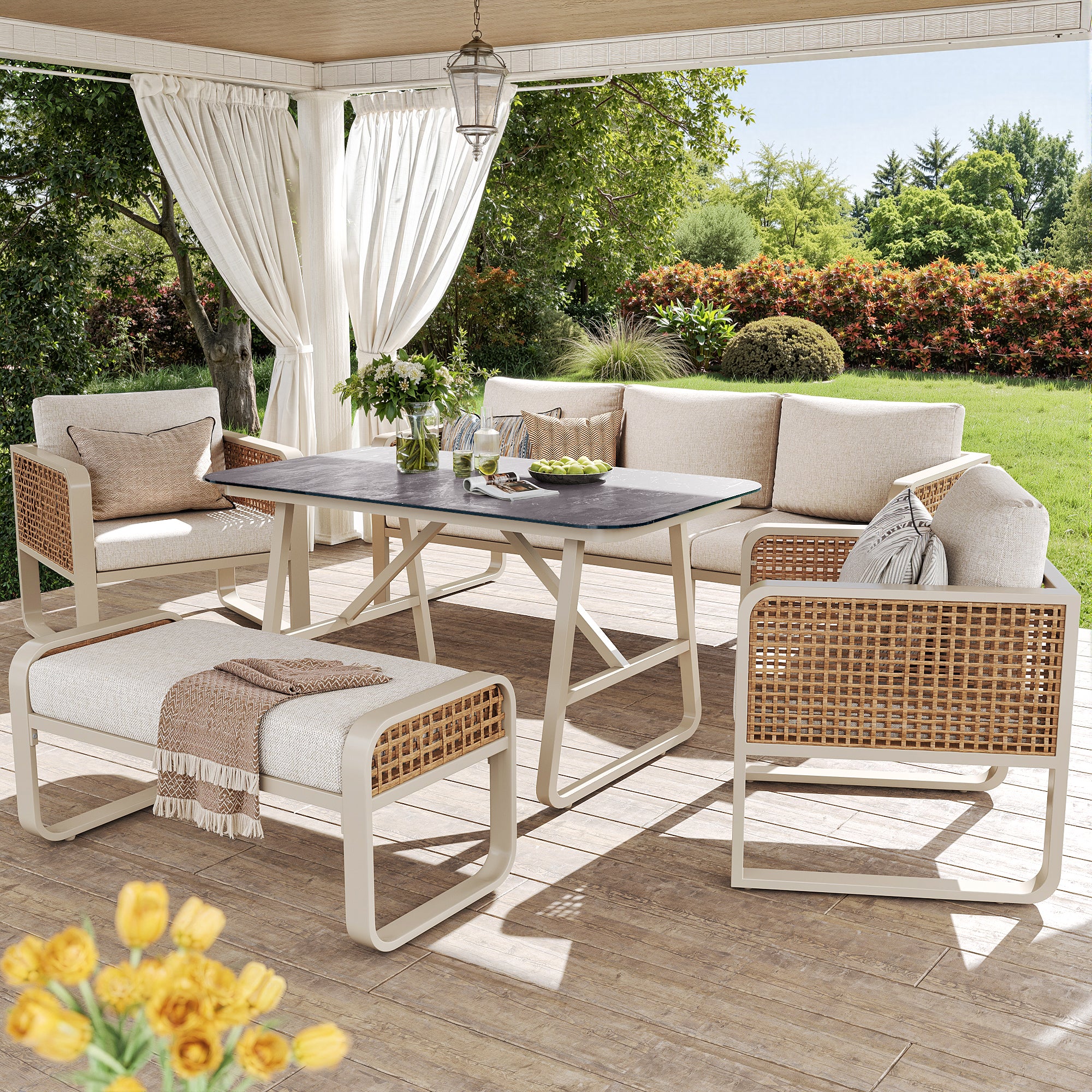 Garden Lounge Set for 6-7 People, PE Rattan Seating Group incl. Side Table, Garden Sofa with Washable Cushions, Adjustable Feet for Terrace, Balcony, Garden, Beige