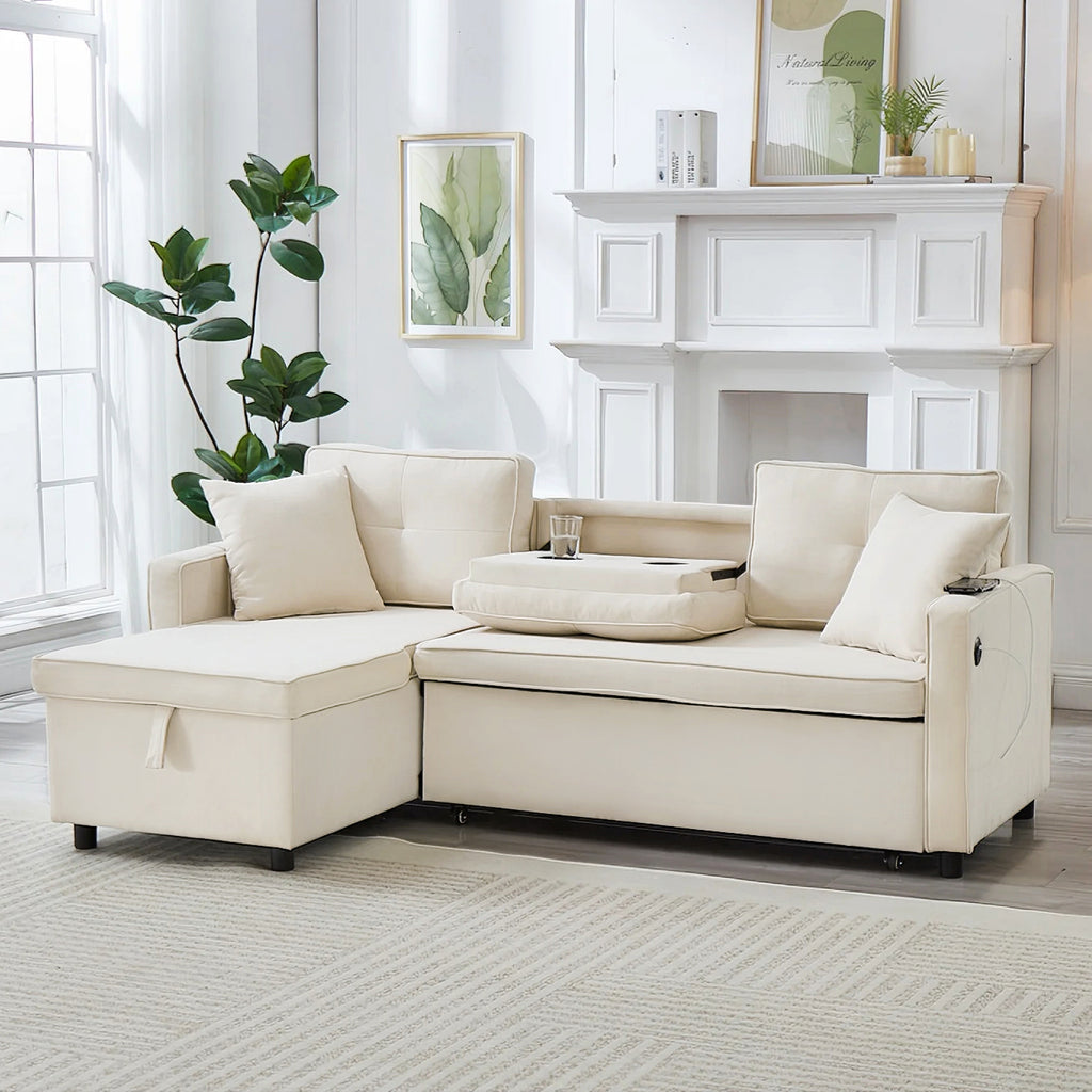 L-Shaped Pull Out Sleep Sofabed, Modern Reversible Sleeper Sectional Sofa, 3 in 1 Convertible Sofa Bed with Storage Chaise, Drop-Down Table, Cup Holders and Charging Ports (USB & Type-C), Beige