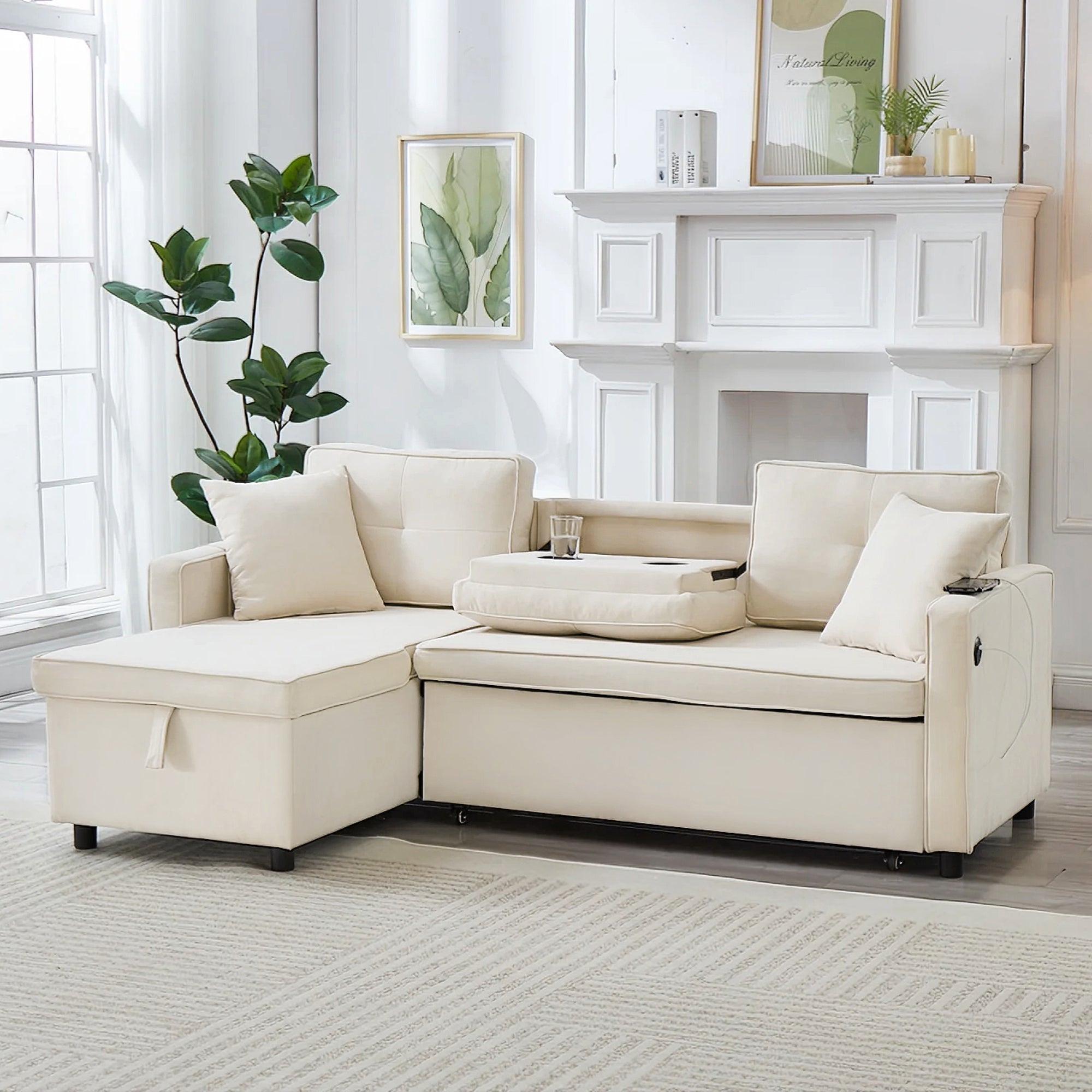 L-Shaped Pull Out Sleep Sofabed, Modern Reversible Sleeper Sectional Sofa, 3 in 1 Convertible Sofa Bed with Storage Chaise, Drop-Down Table, Cup Holders and Charging Ports (USB & Type-C), Beige