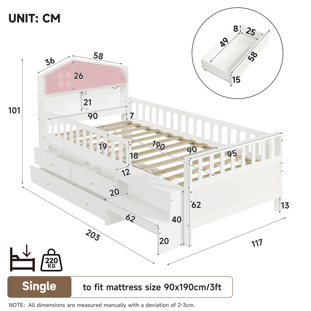 3ft Single Wooden Bed Frame with Step Stool, LED House-shaped Storage Headboard with Drawer Storage, USB and Type - C Ports, No Box Spring Needed, White (No Mattress)