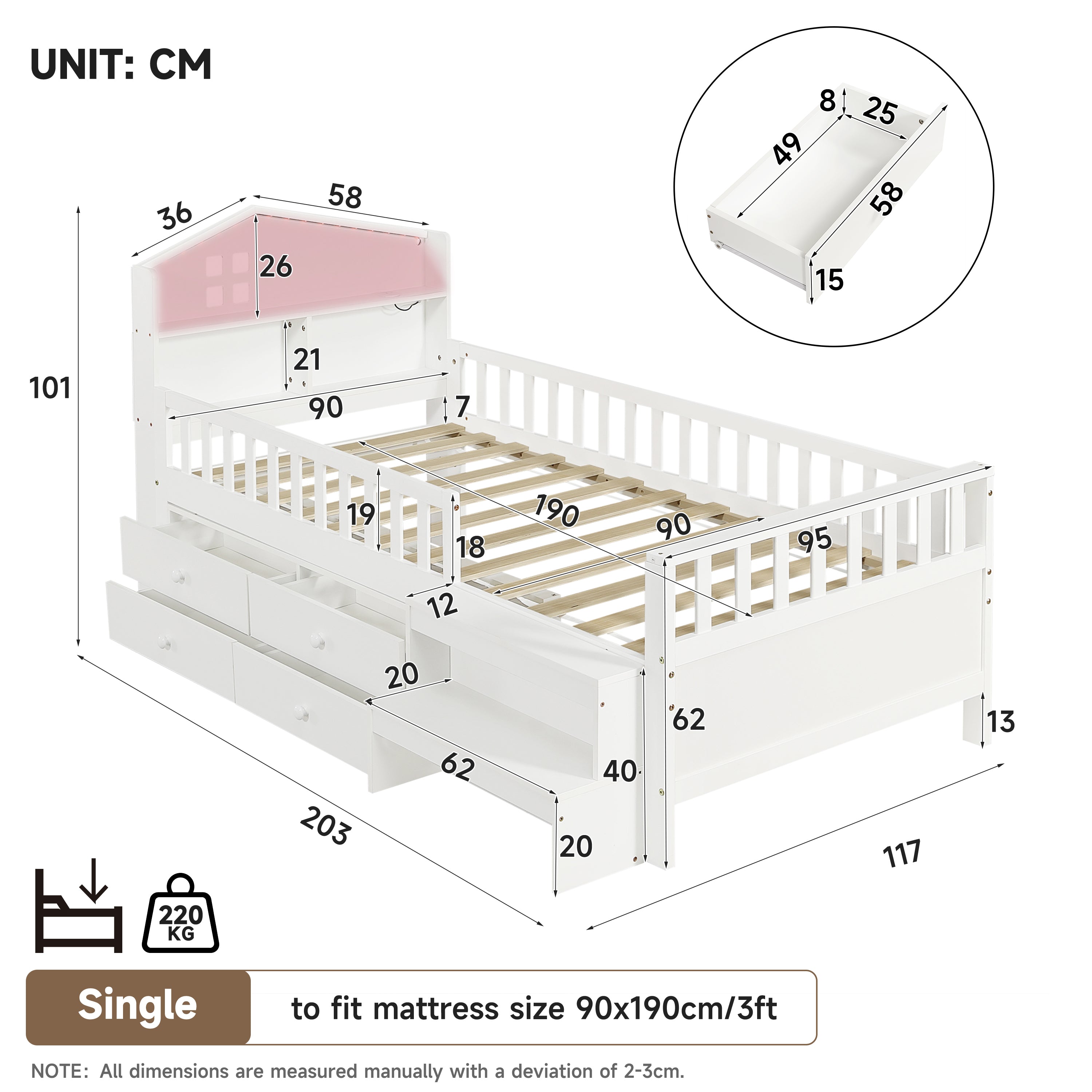 3ft Single Wooden Bed Frame with Step Stool, LED House-shaped Storage Headboard with Drawer Storage, USB and Type - C Ports, No Box Spring Needed, White (No Mattress)