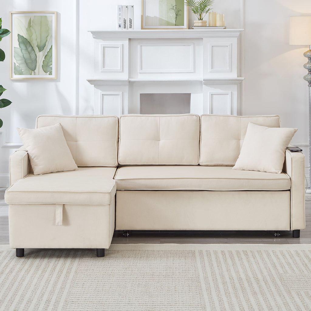 L-Shaped Pull Out Sleep Sofabed, Modern Reversible Sleeper Sectional Sofa, 3 in 1 Convertible Sofa Bed with Storage Chaise, Drop-Down Table, Cup Holders and Charging Ports (USB & Type-C), Beige