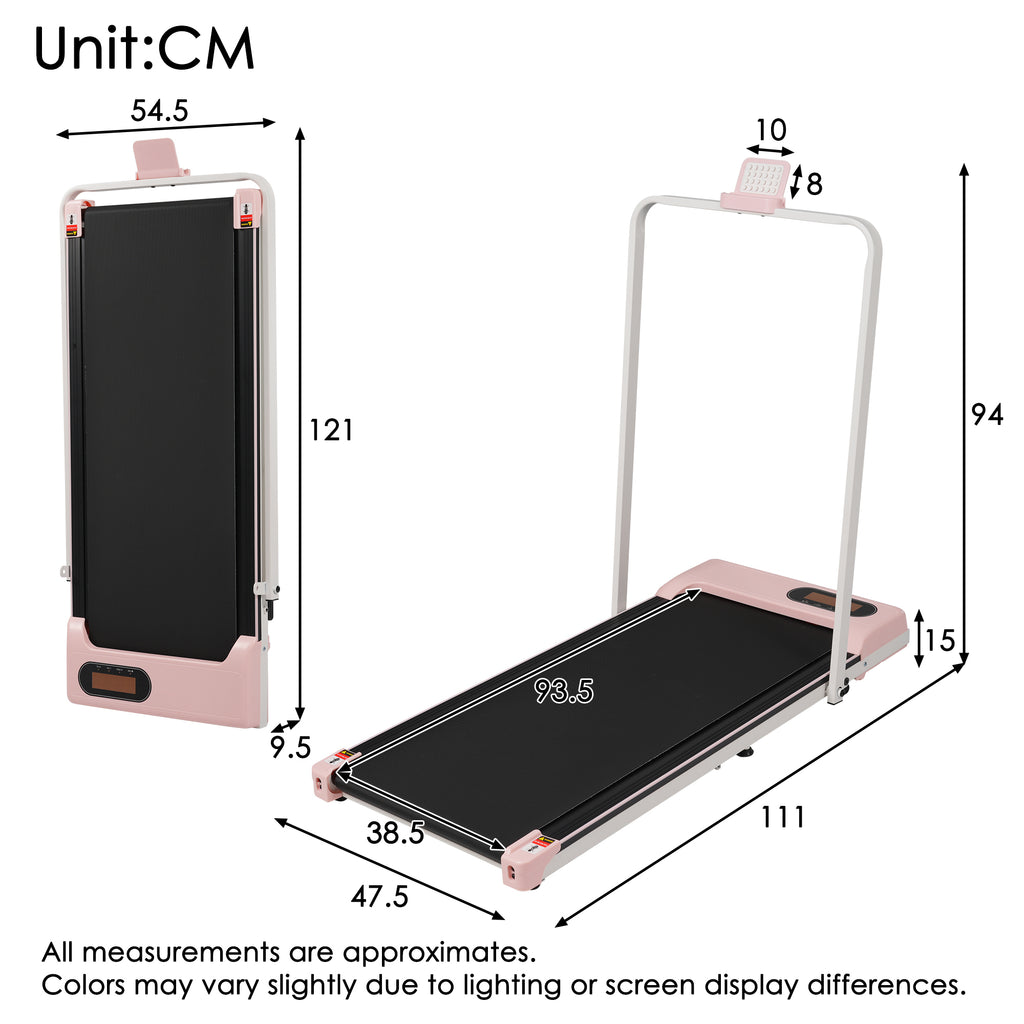 Folding Treadmill with Handrail & Adjustable Incline, 1-10 km/h Running Machine, Space Saving Low Noise Design, LED Display, Phone Holder, Remote Control, Transport Wheels & Plug, Pink.
