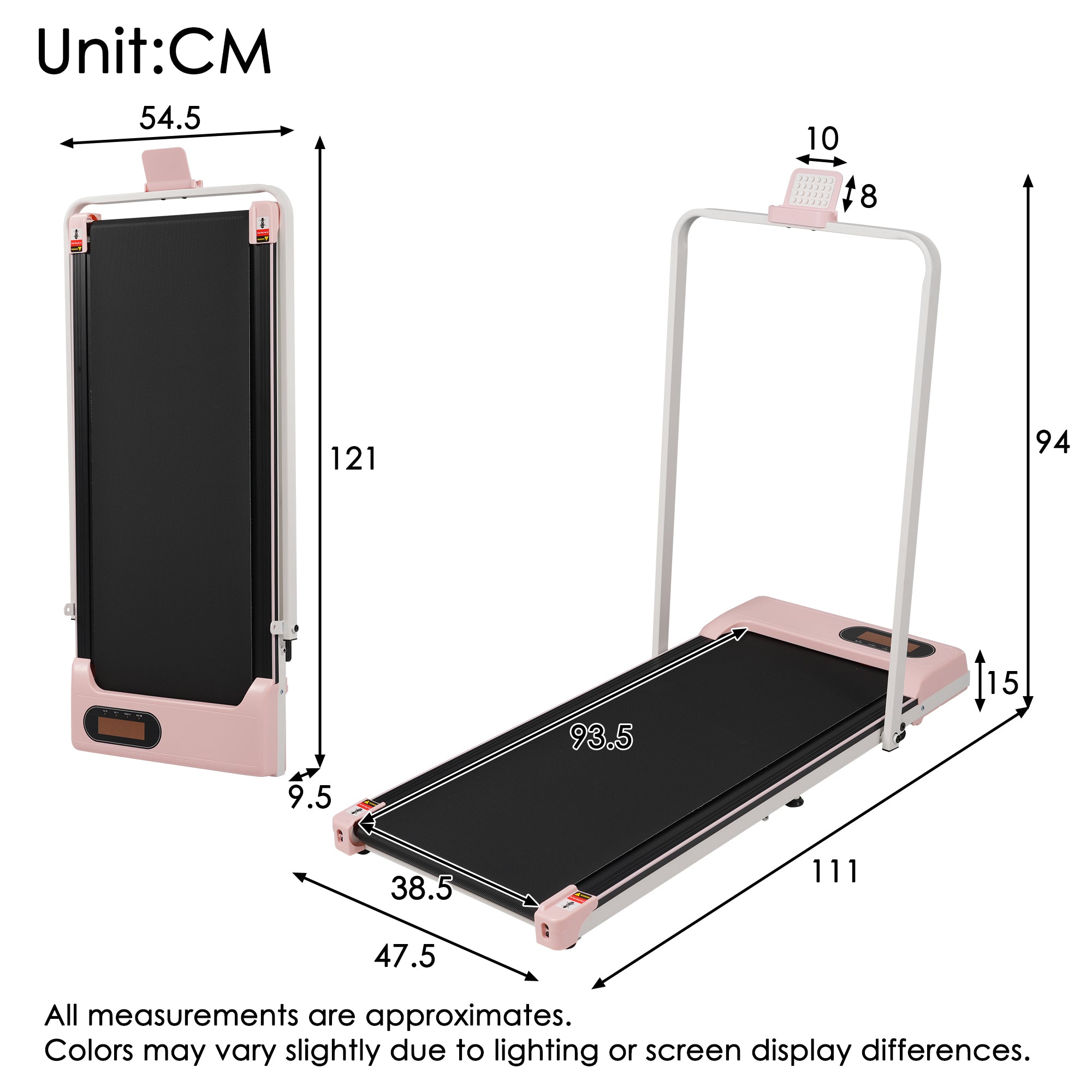 Folding Treadmill with Handrail & Adjustable Incline, 1-10 km/h Running Machine, Space Saving Low Noise Design, LED Display, Phone Holder, Remote Control, Transport Wheels & Plug, Pink.