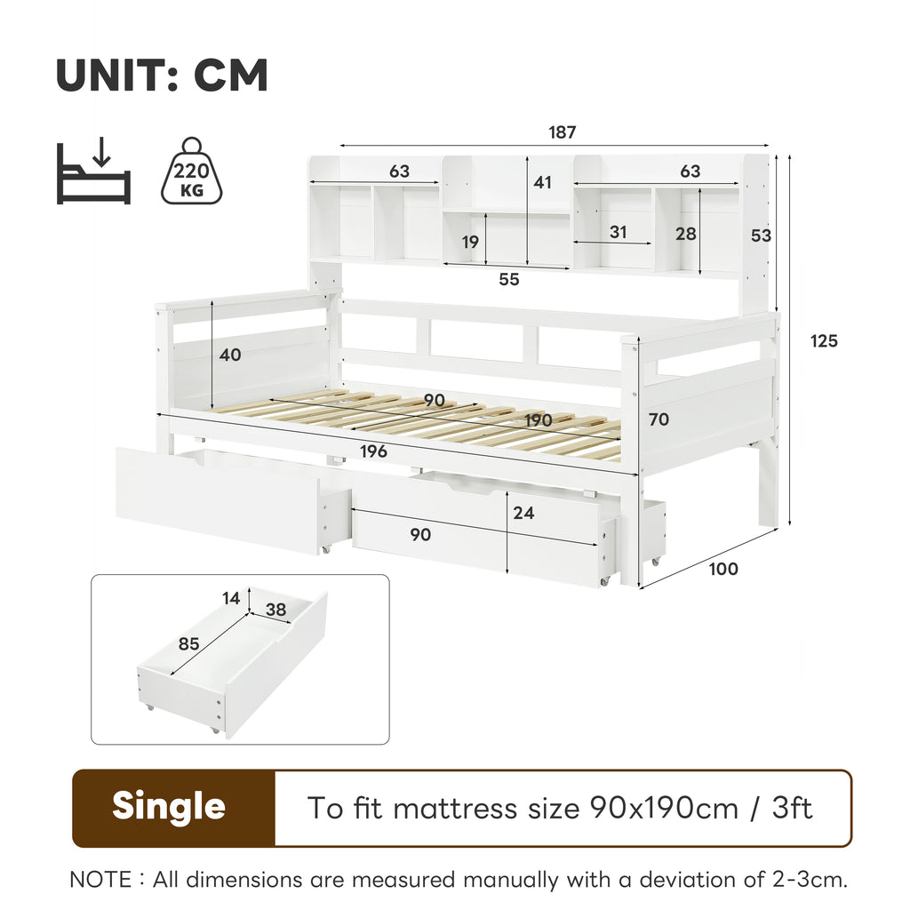 3ft Single Beds for Kids with Two Storage Drawers and Bookcase headboard, Wooden Bed Frame with Storage and Guardrail, Space-Saving Design for Bedroom, Dorm and Study Room, White (No Mattress)
