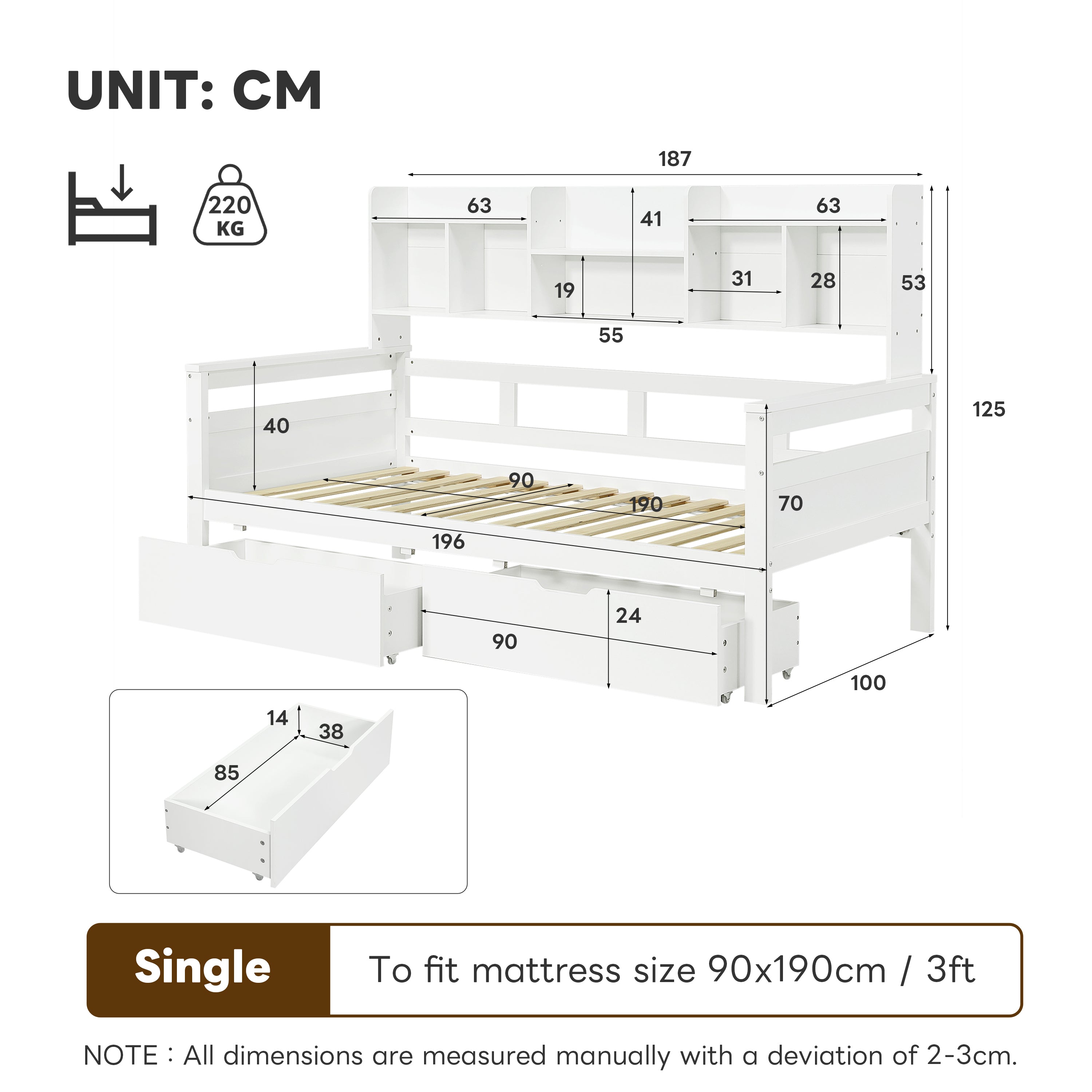 3ft Single Beds for Kids with Two Storage Drawers and Bookcase headboard, Wooden Bed Frame with Storage and Guardrail, Space-Saving Design for Bedroom, Dorm and Study Room, White (No Mattress)