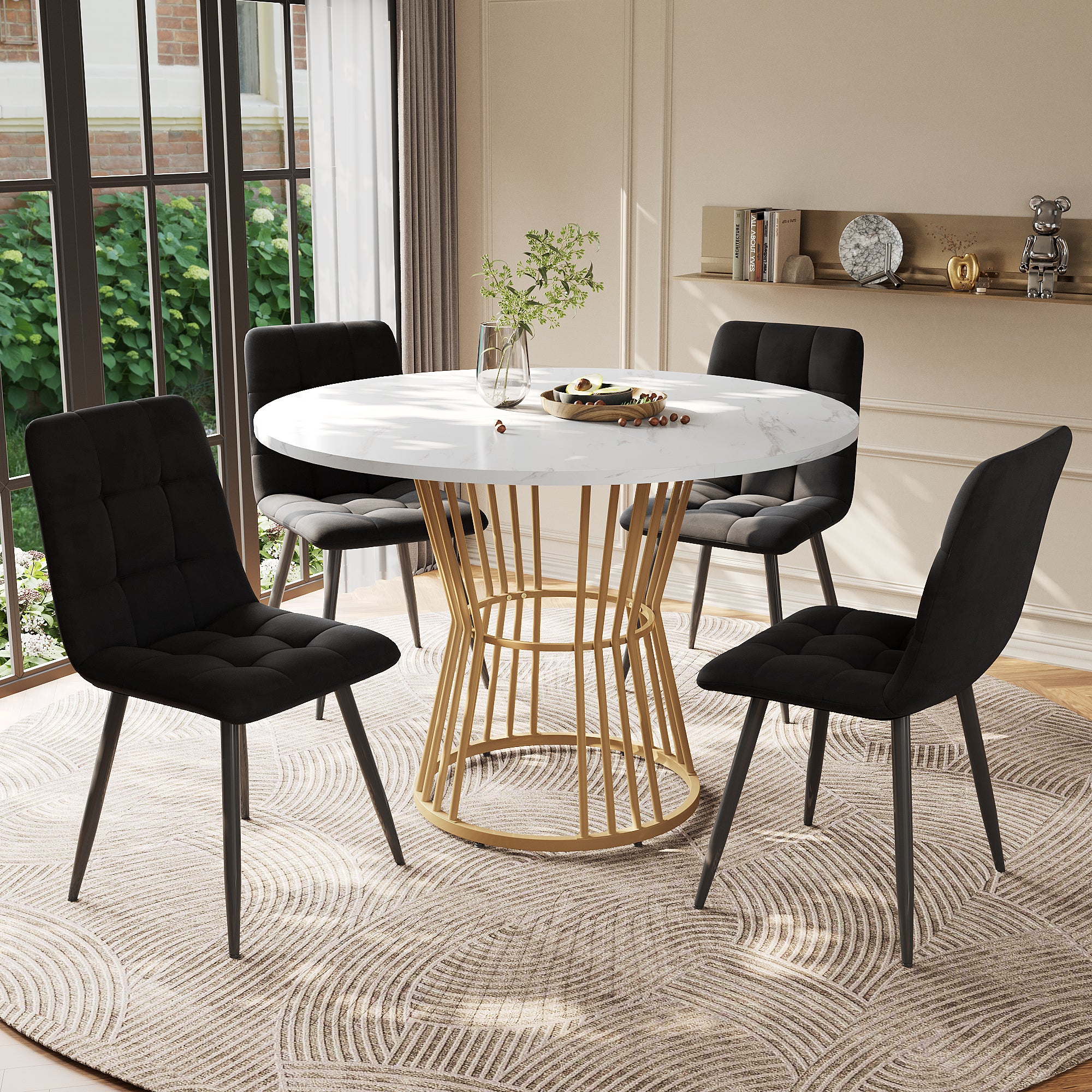 Dining table set (5-piece), dining table set with 4 chairs, kitchen table set, round dining table with 100 cm diameter and golden metal legs, white MDF table top, black velvet dining chairs
