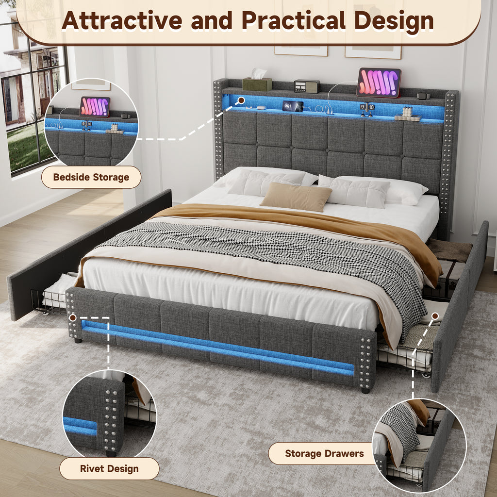 4ft6 Double Upholstered Bed with 4 Storage Drawers, LED Rivet  Storage Bed with Charging Station, Button Tufted Headboard with USB and Type-C Ports, Linen, Grey (No Mattress)