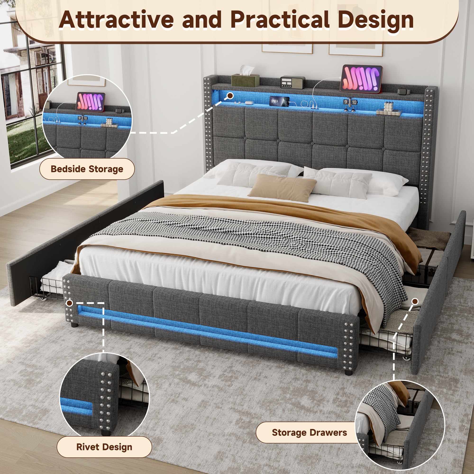 4ft6 Double Upholstered Bed with 4 Storage Drawers, LED Rivet  Storage Bed with Charging Station, Button Tufted Headboard with USB and Type-C Ports, Linen, Grey (No Mattress)