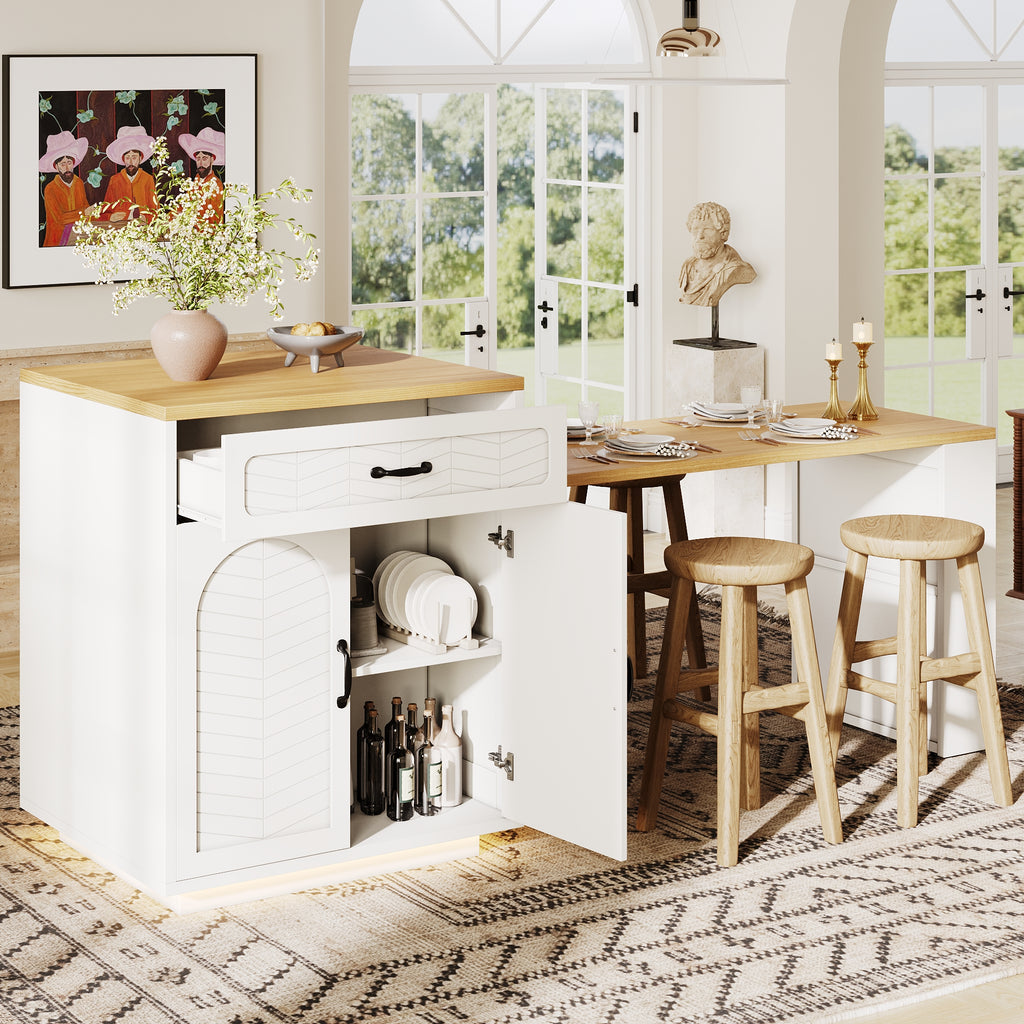 Extendable Kitchen Island with Dining Table, Multifunctional Storage Cabinet with Drawers, Doors, Wine Rack & LED Light, for Kitchen & Dining Room