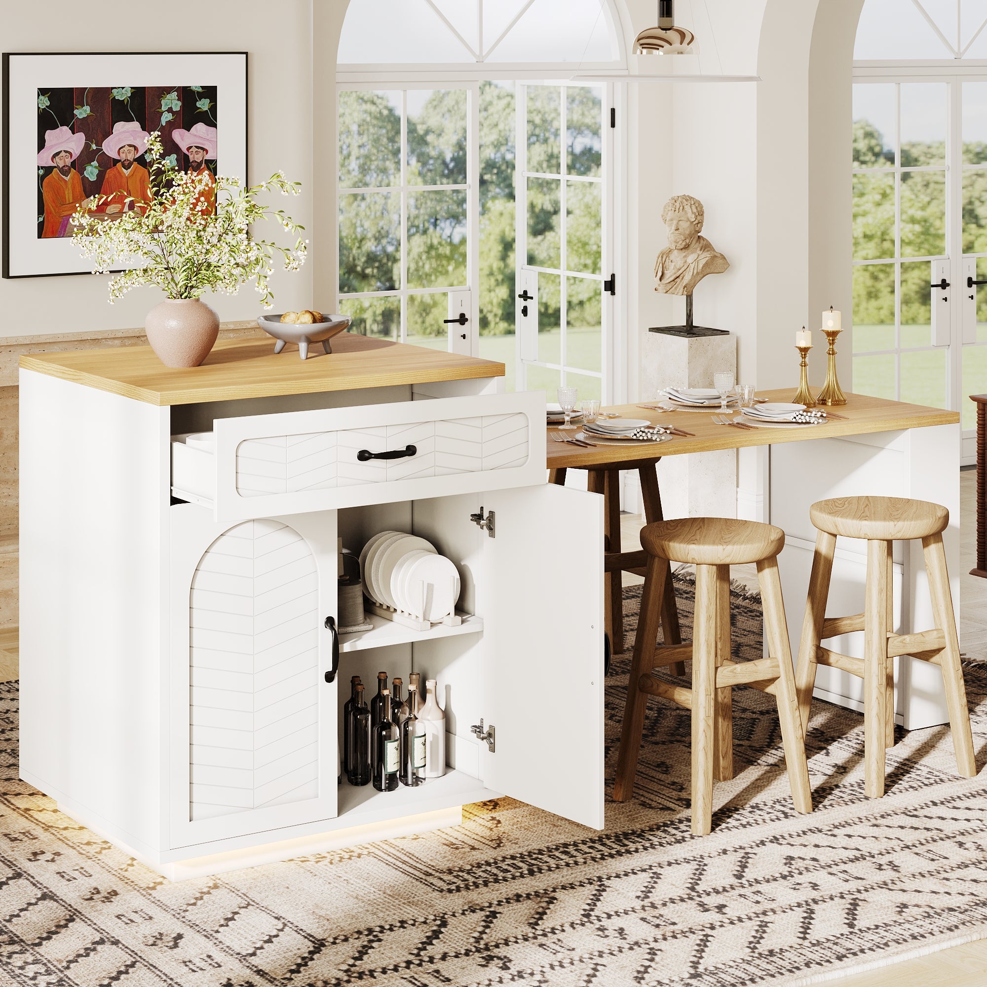 Extendable Kitchen Island with Dining Table, Multifunctional Storage Cabinet with Drawers, Doors, Wine Rack & LED Light, for Kitchen & Dining Room